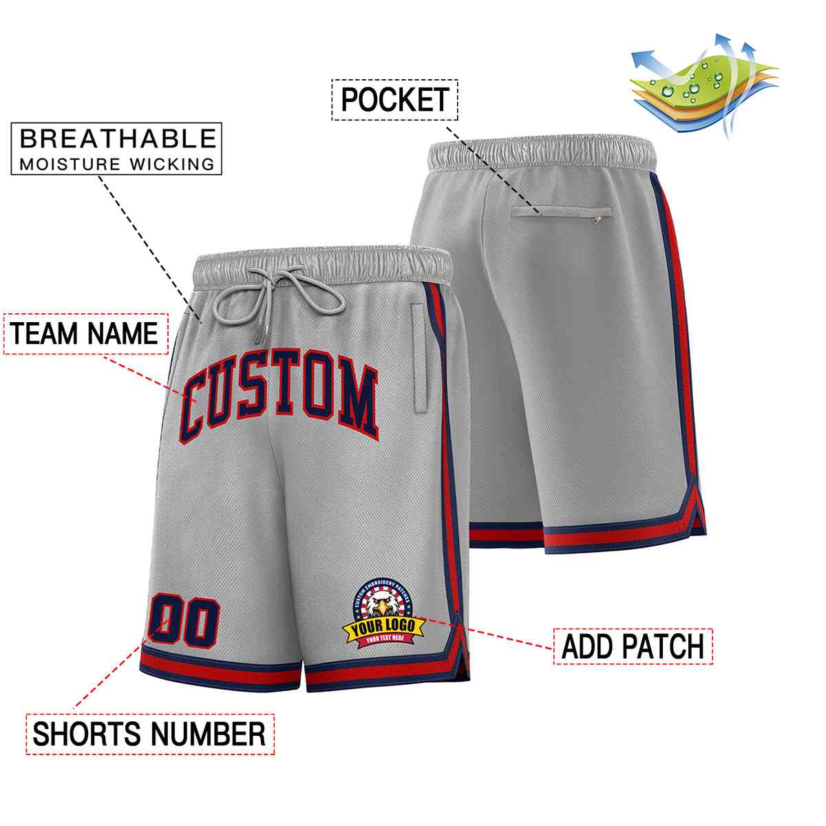 Custom Gray Navy-Red Classic Style Basketball Mesh Shorts