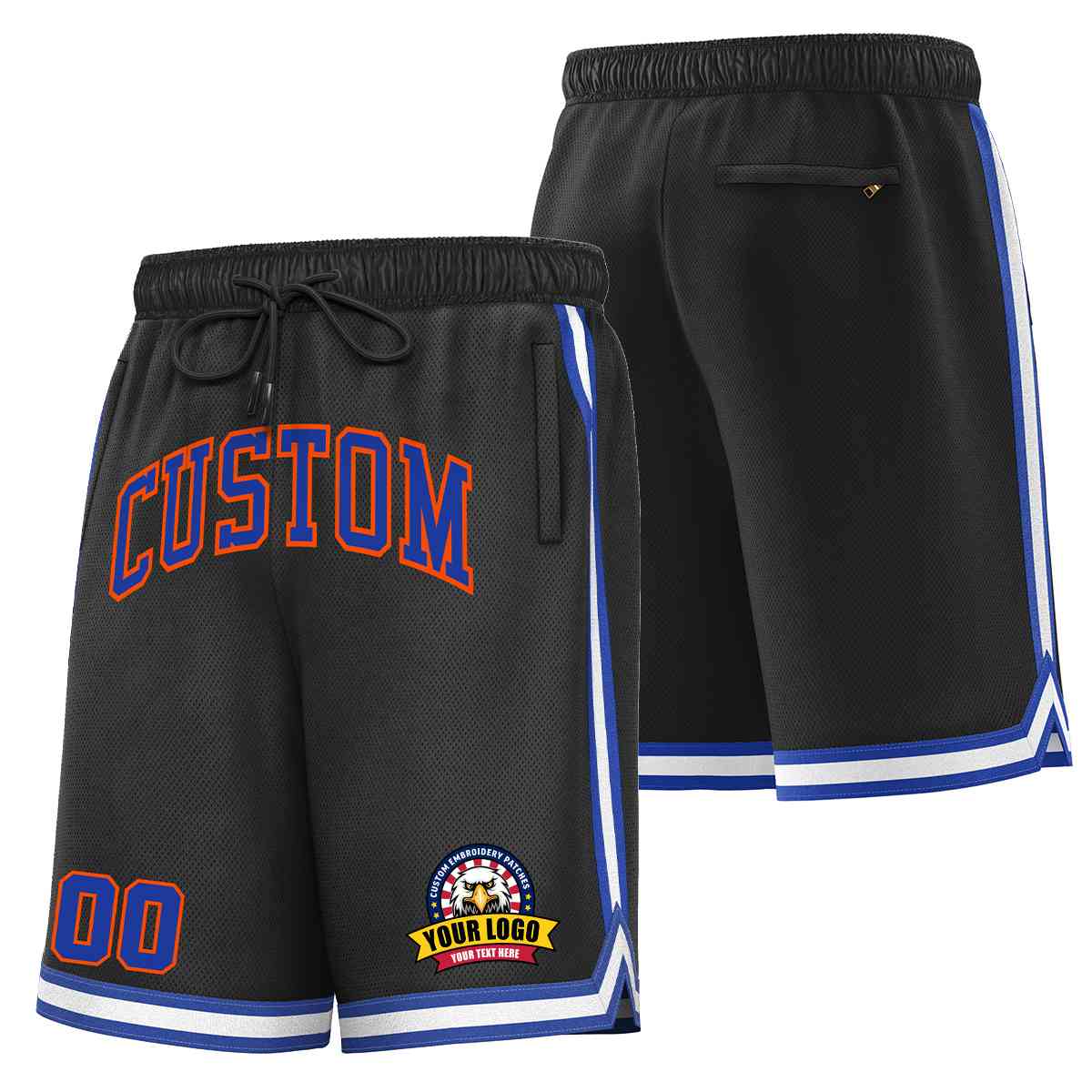 Short en maille de basket-ball de style classique noir royal-orange personnalisé