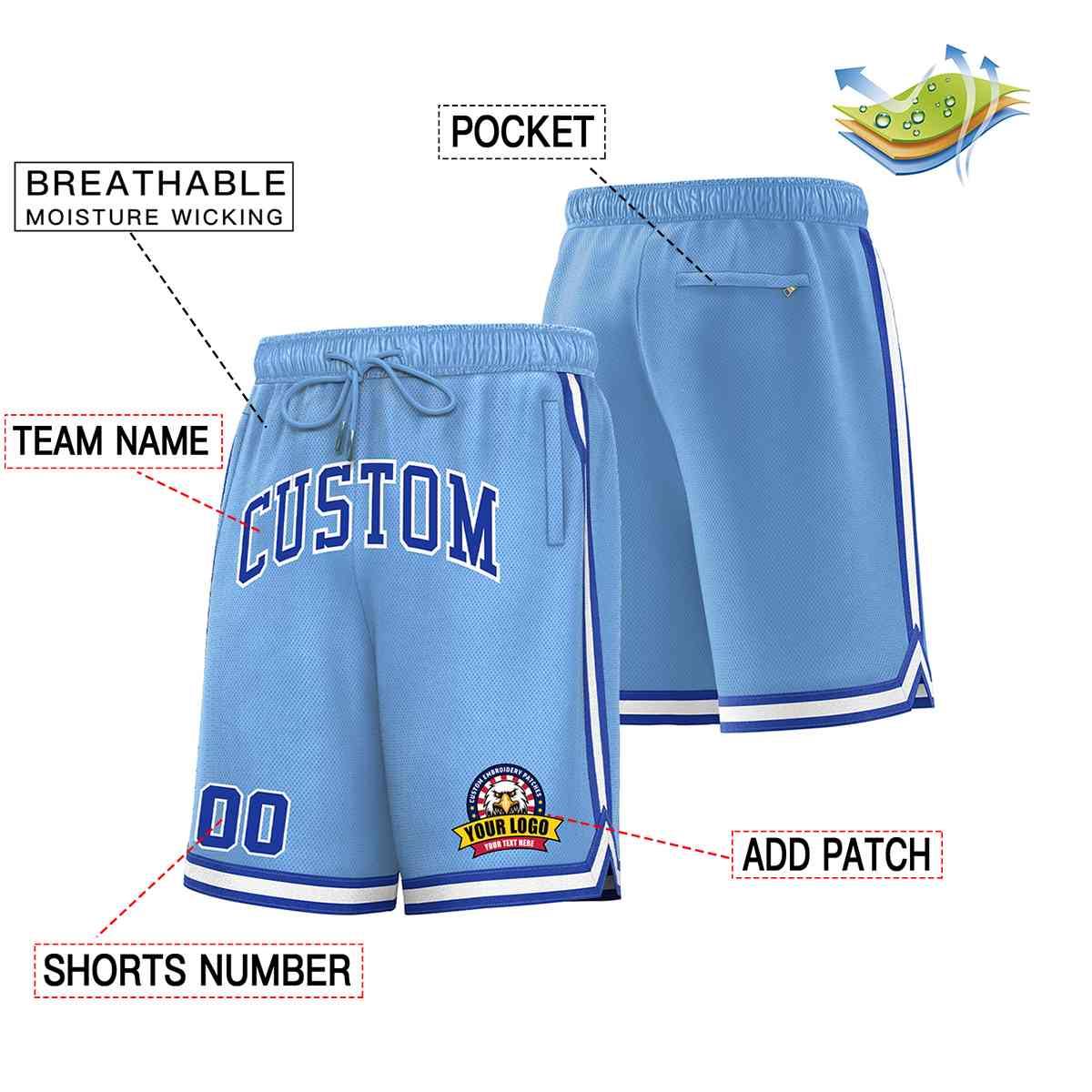 Custom Light Blue Royal-White Classic Style Basketball Mesh Shorts