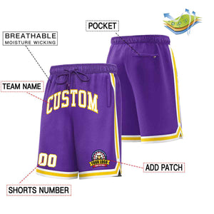 Short en maille de basket-ball de style classique violet blanc-or personnalisé