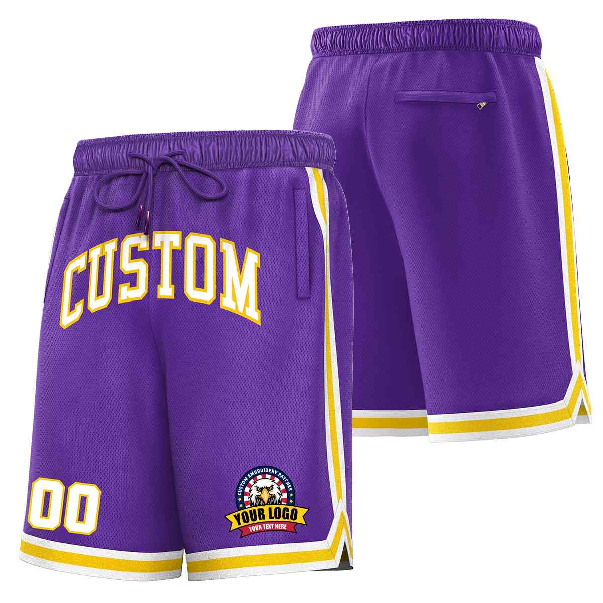 Short en maille de basket-ball de style classique violet blanc-or personnalisé