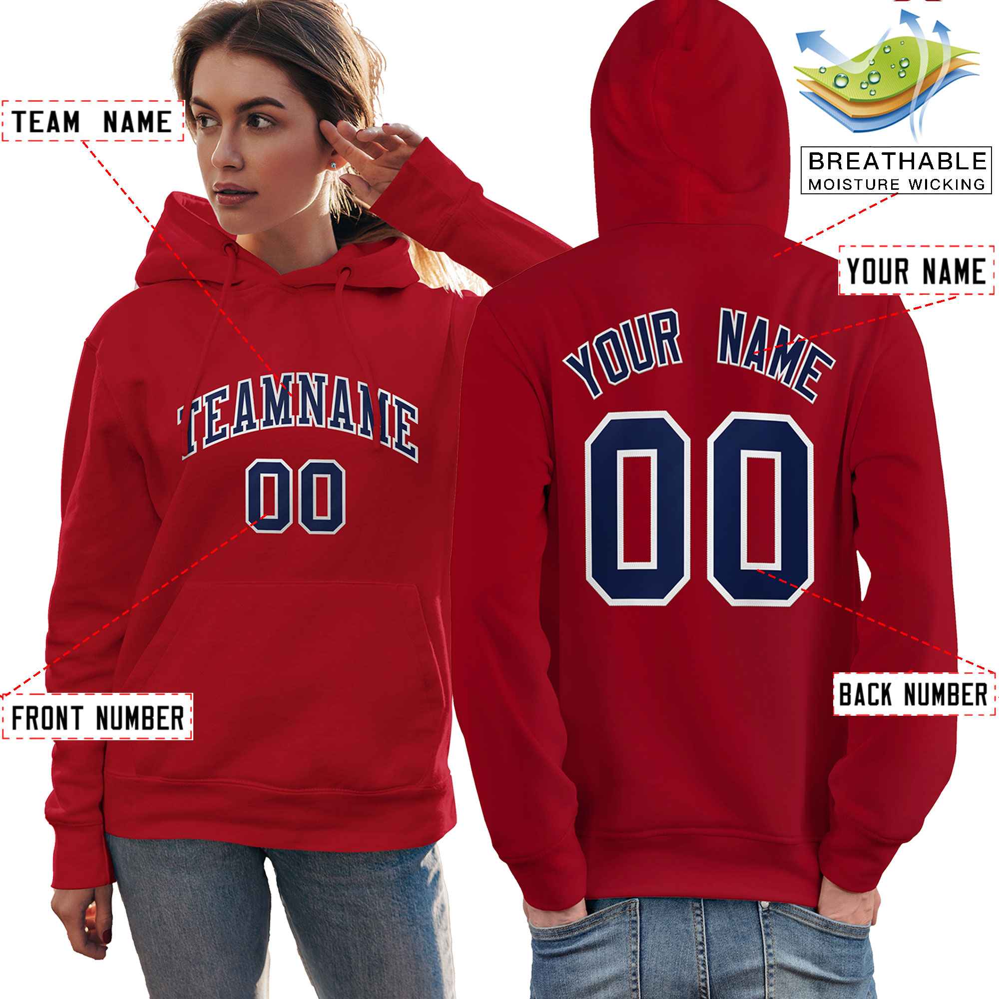 Custom Red Navy-White Classic Style Personalized Sport Pullover Hoodie