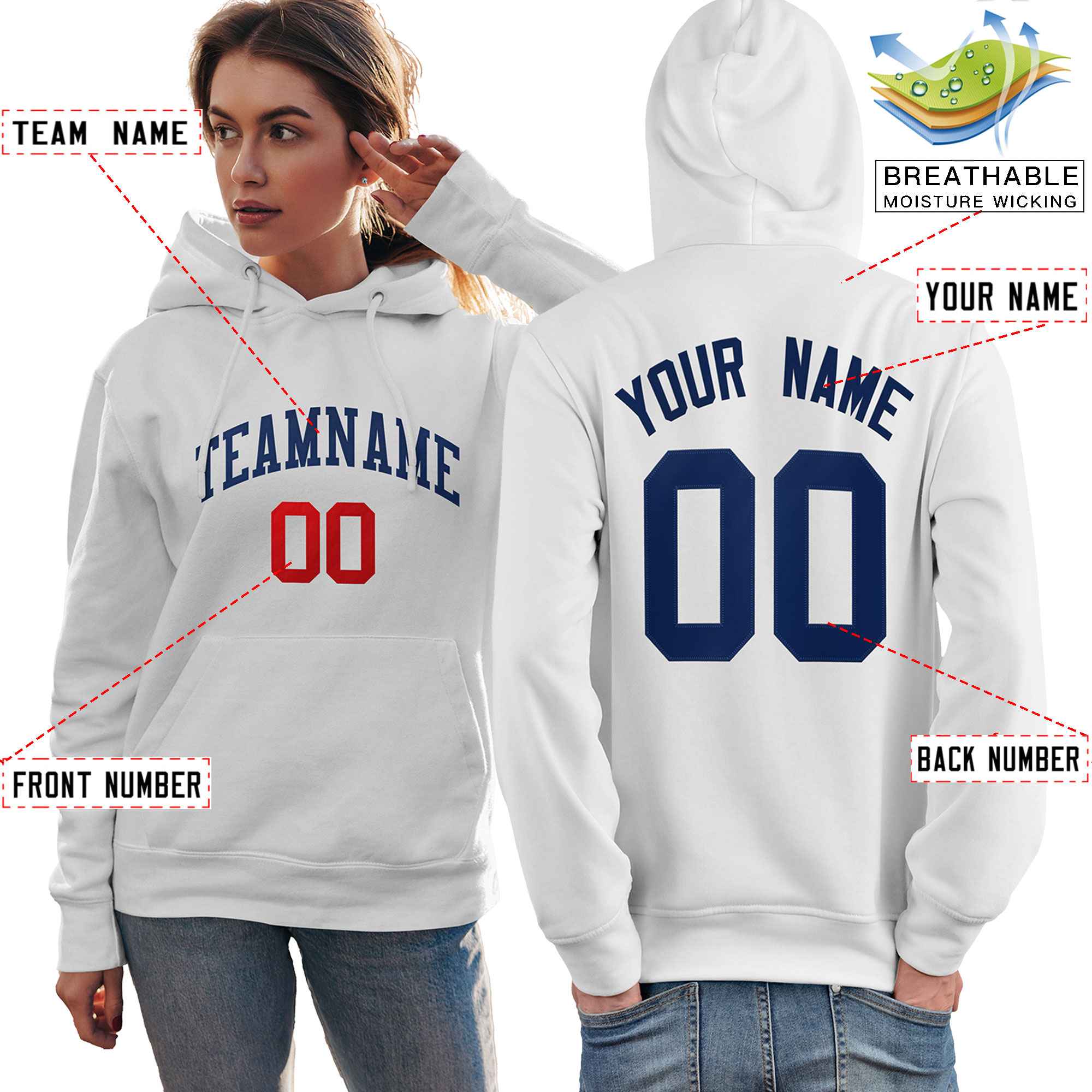 Custom White Navy-Red Classic Style Personalized Sport Pullover Hoodie