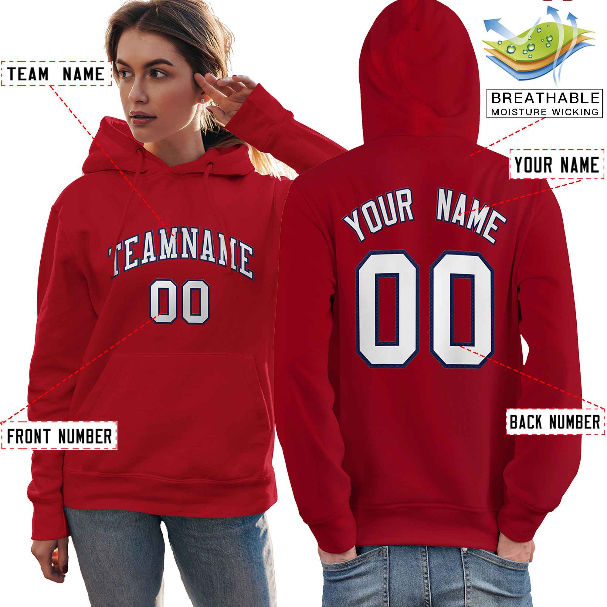 Custom Red Navy-White Classic Style Personalized Sport Pullover Hoodie