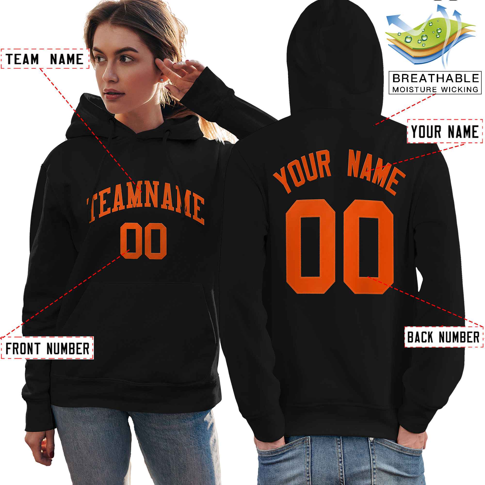 Custom Black Orange Classic Style Personalized Sport Pullover Hoodie