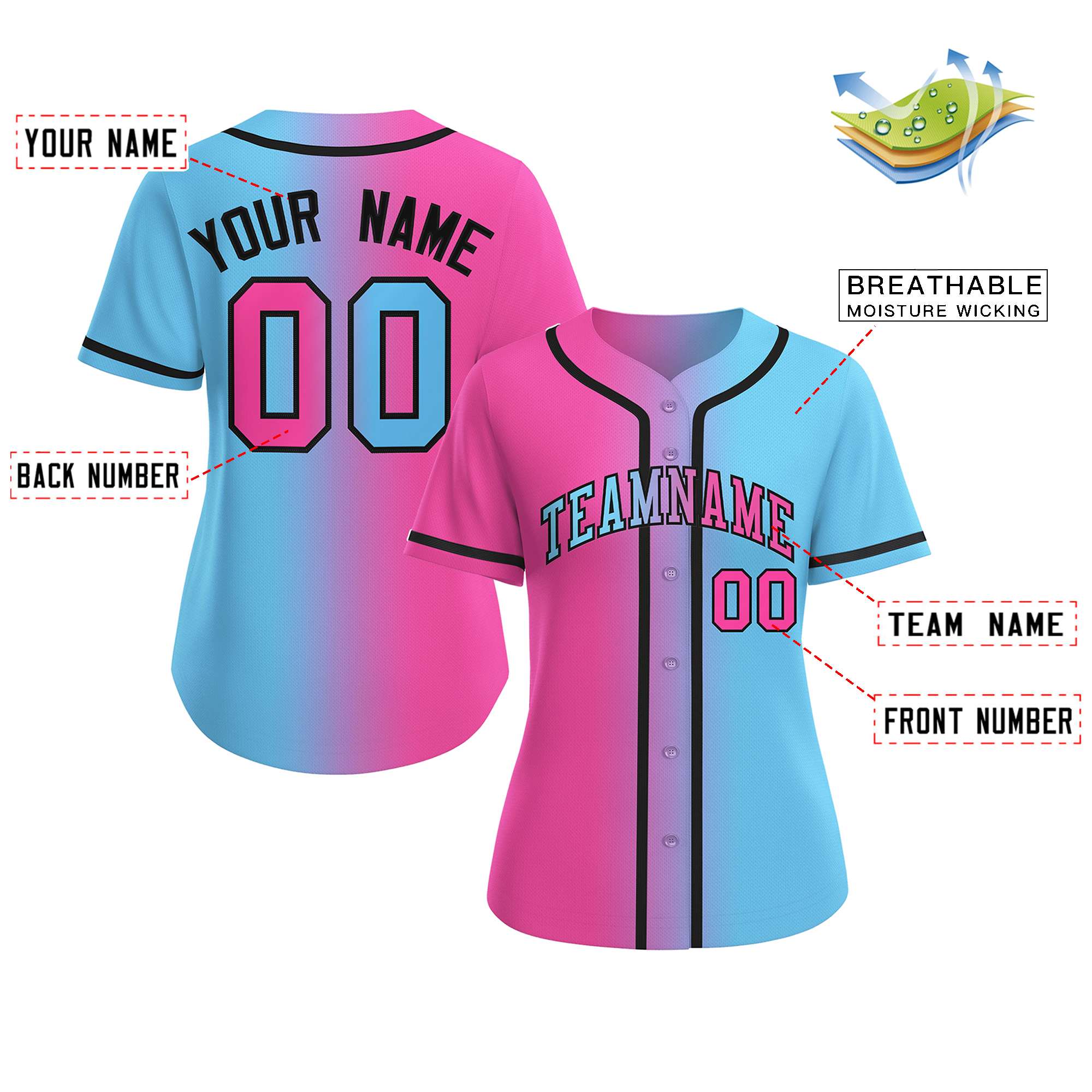 Maillot de baseball personnalisé rose bleu clair-noir dégradé de mode pour femmes