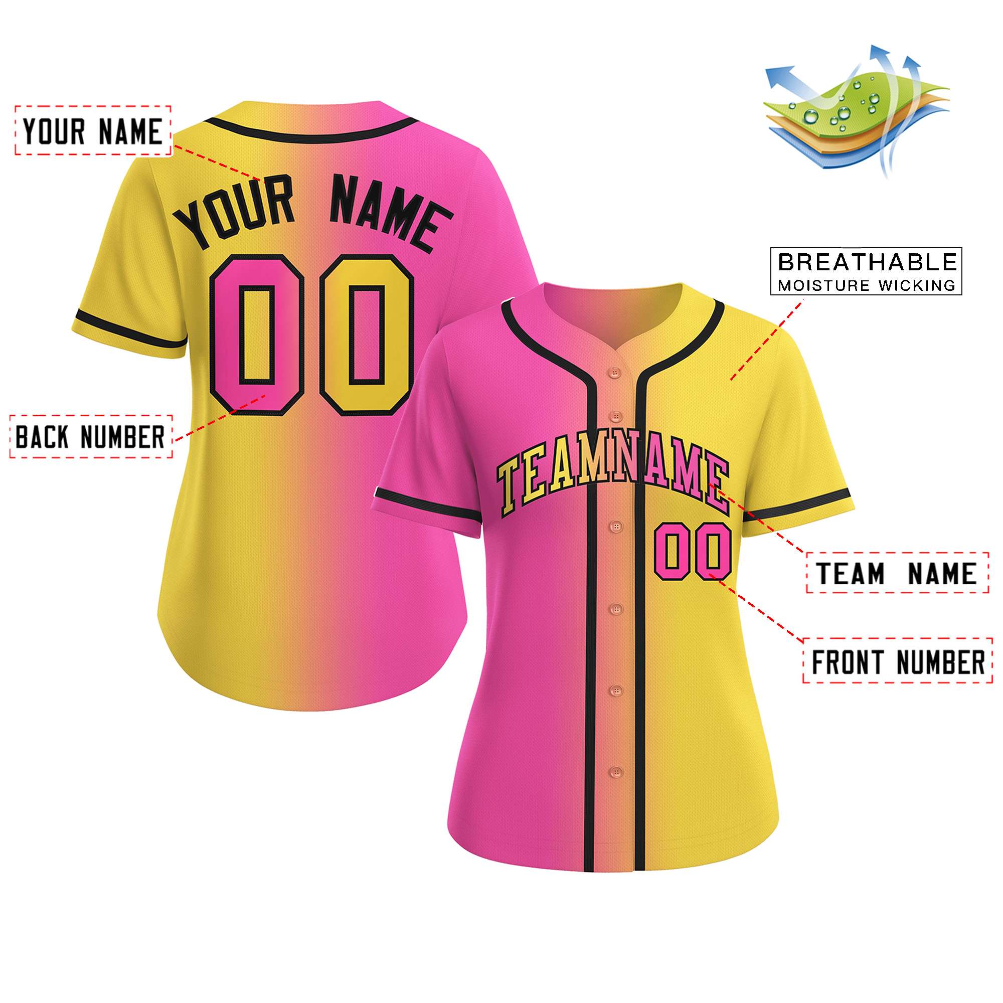 Maillot de baseball de mode dégradé rose or-noir personnalisé pour femmes