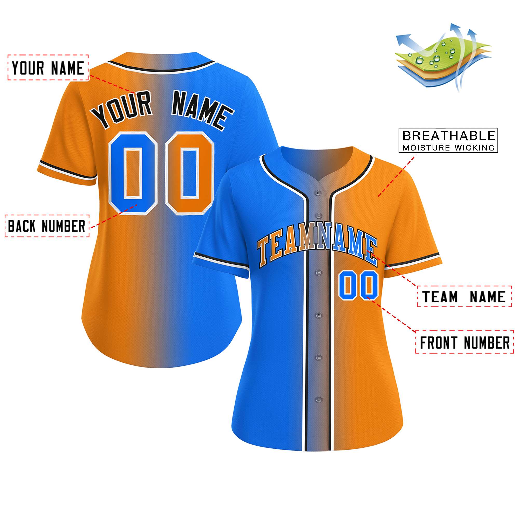 Maillot de baseball de mode dégradé bleu clair orange-blanc personnalisé pour femmes