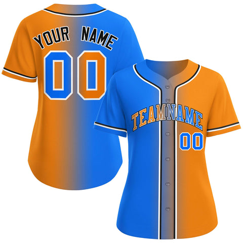 Custom Light Blue Orange-White Gradient Fashion Baseball Jersey For Women