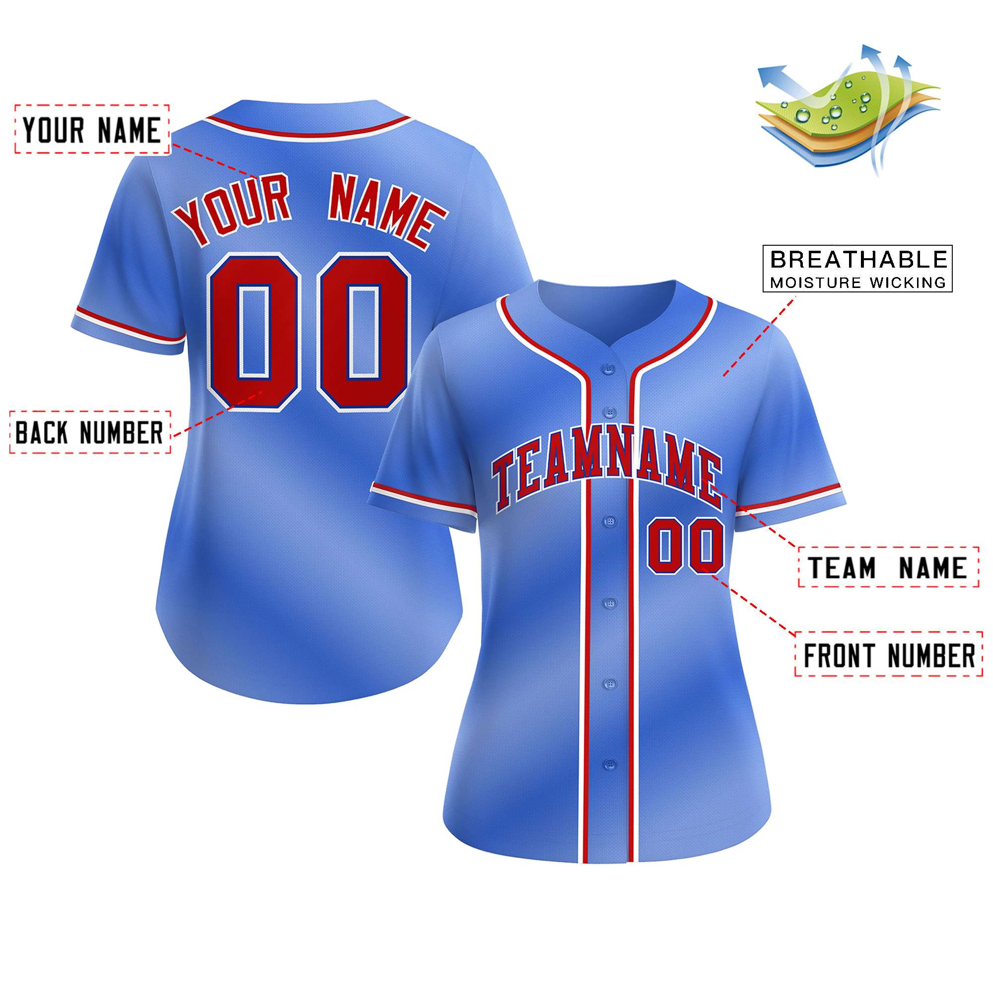 Custom Light Blue Red-Royal Gradient Fashion Baseball Jersey For Women