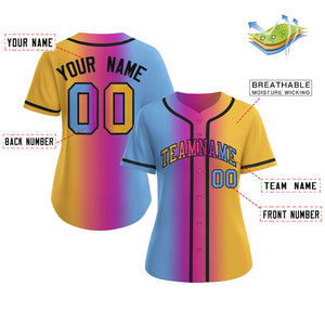 Custom Light Blue Gold-Black Gradient Fashion Baseball Jersey For Women