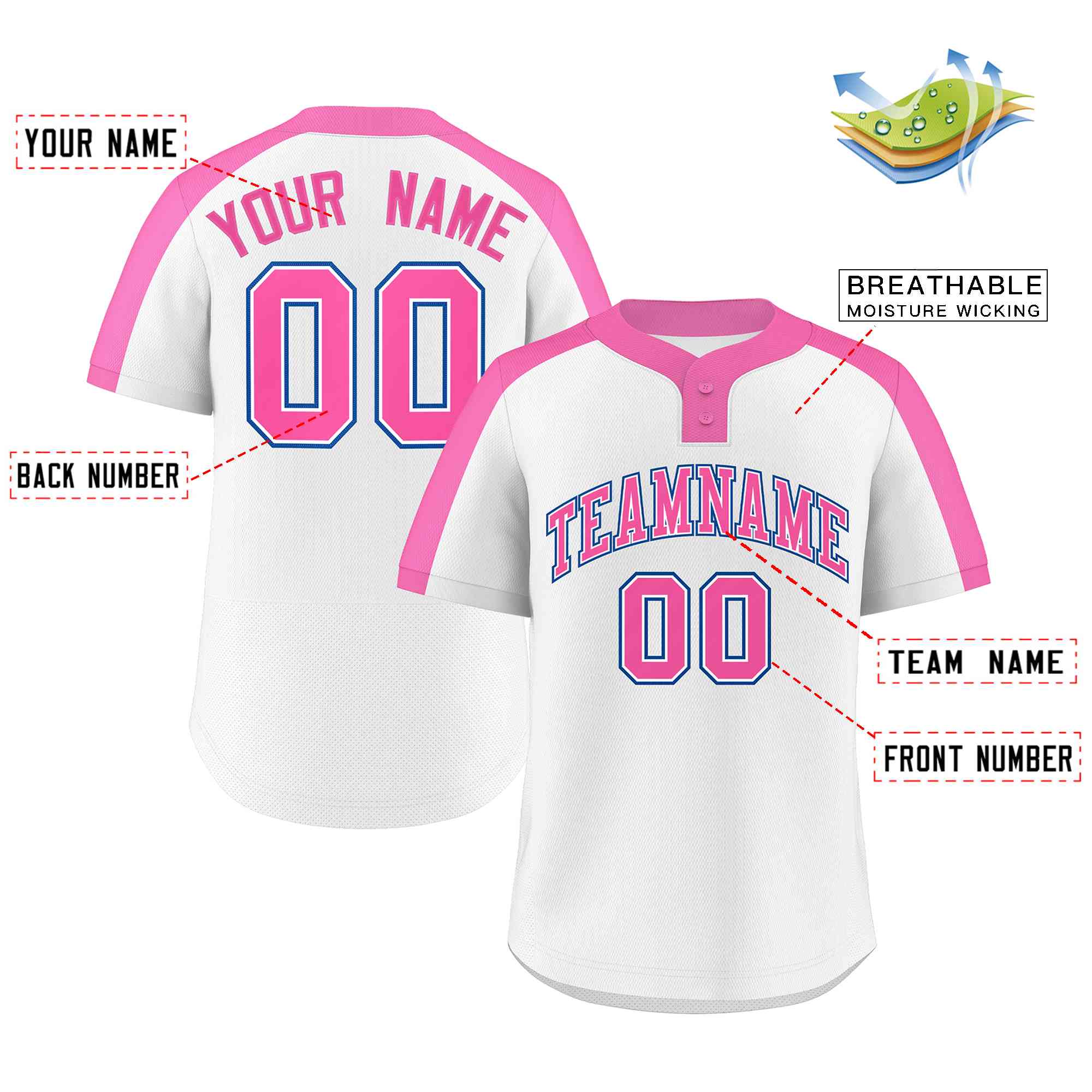 Custom White Pink-White Classic Style Authentic Two-Button Baseball Jersey