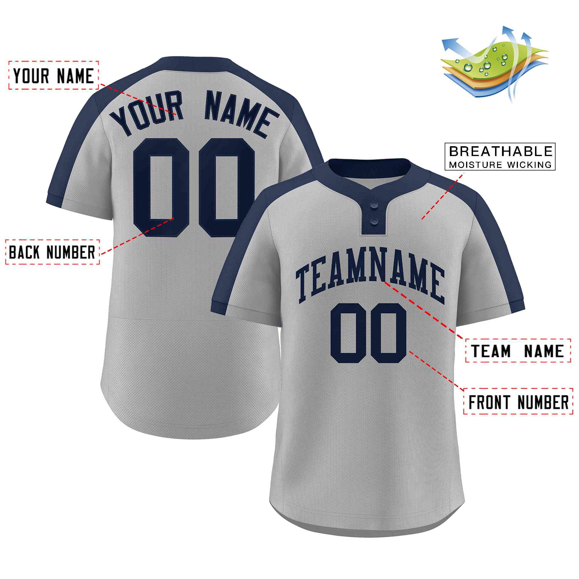 Maillot de baseball authentique à deux boutons de style classique gris marine personnalisé