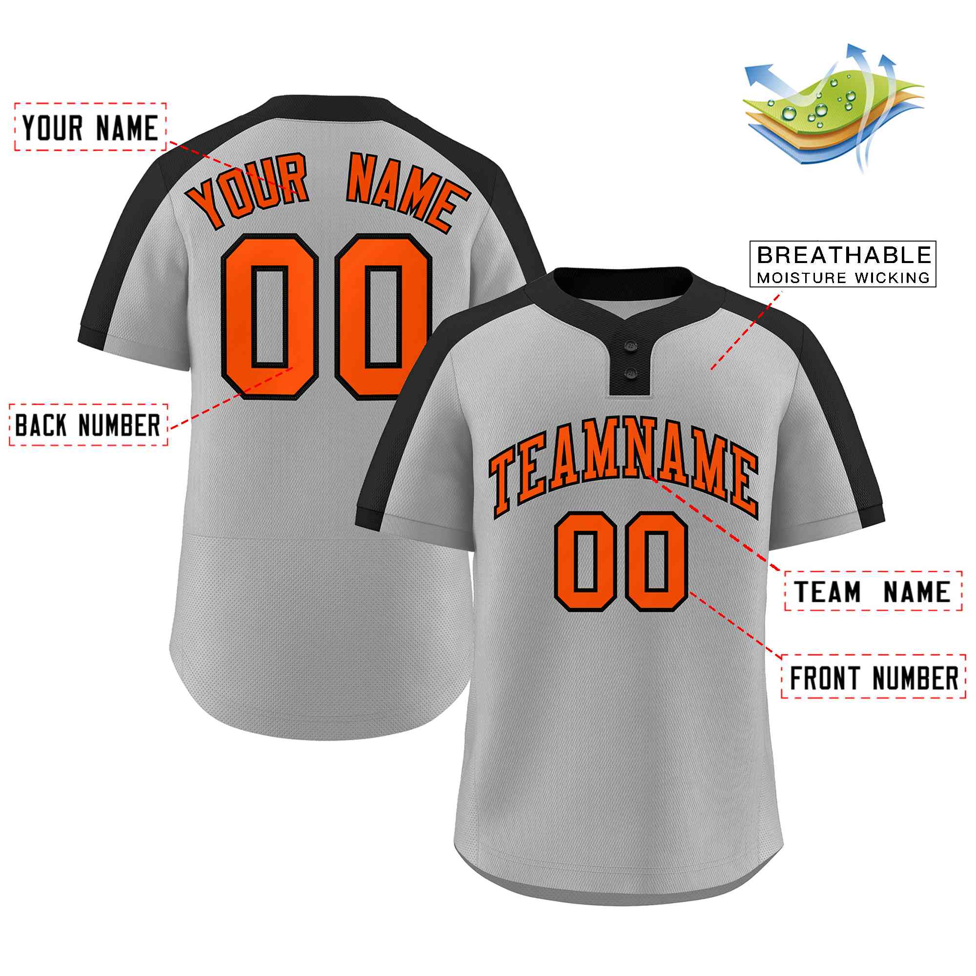 Maillot de baseball personnalisé à deux boutons, gris, orange-noir, style classique, authentique