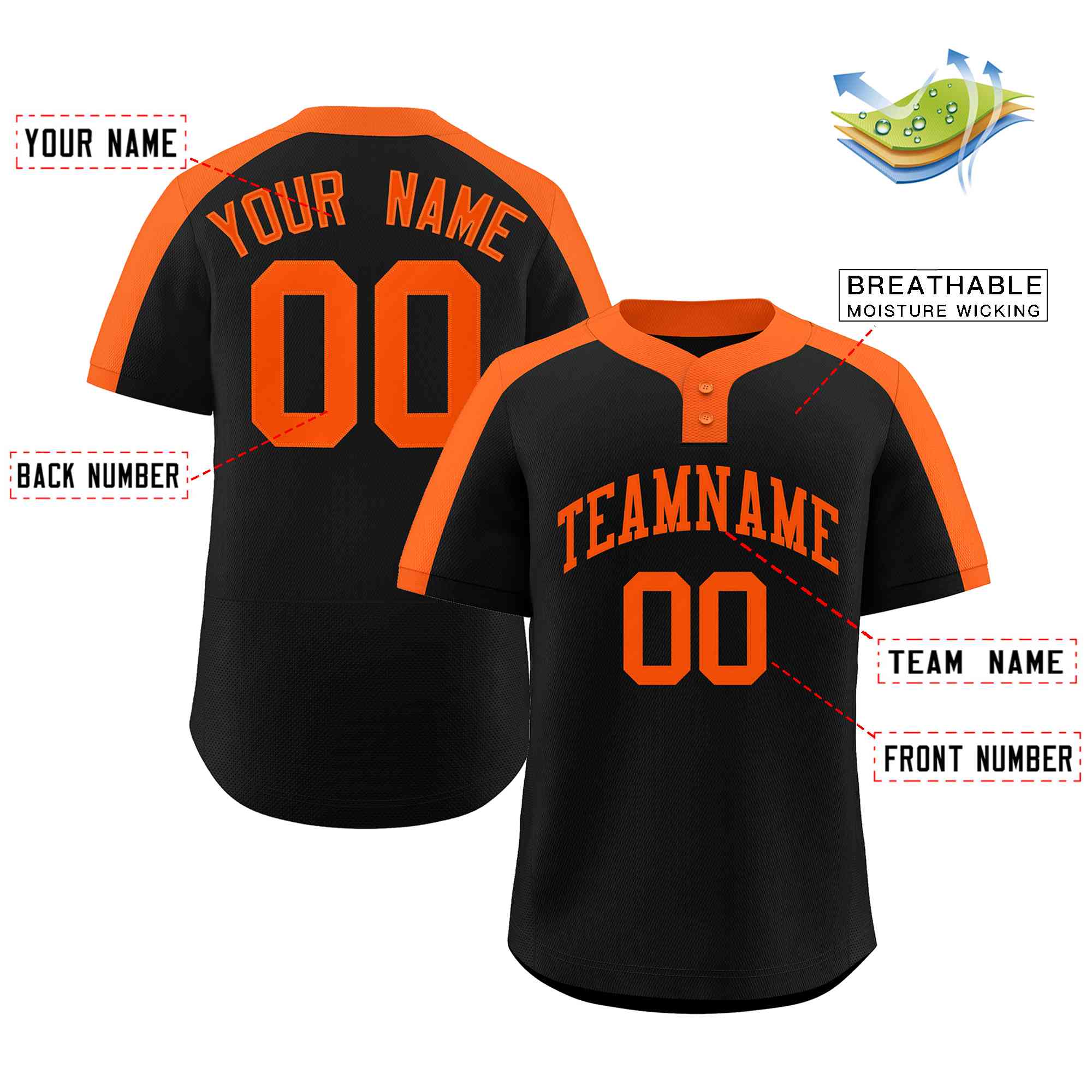 Maillot de baseball authentique à deux boutons, personnalisé, noir et orange, style classique