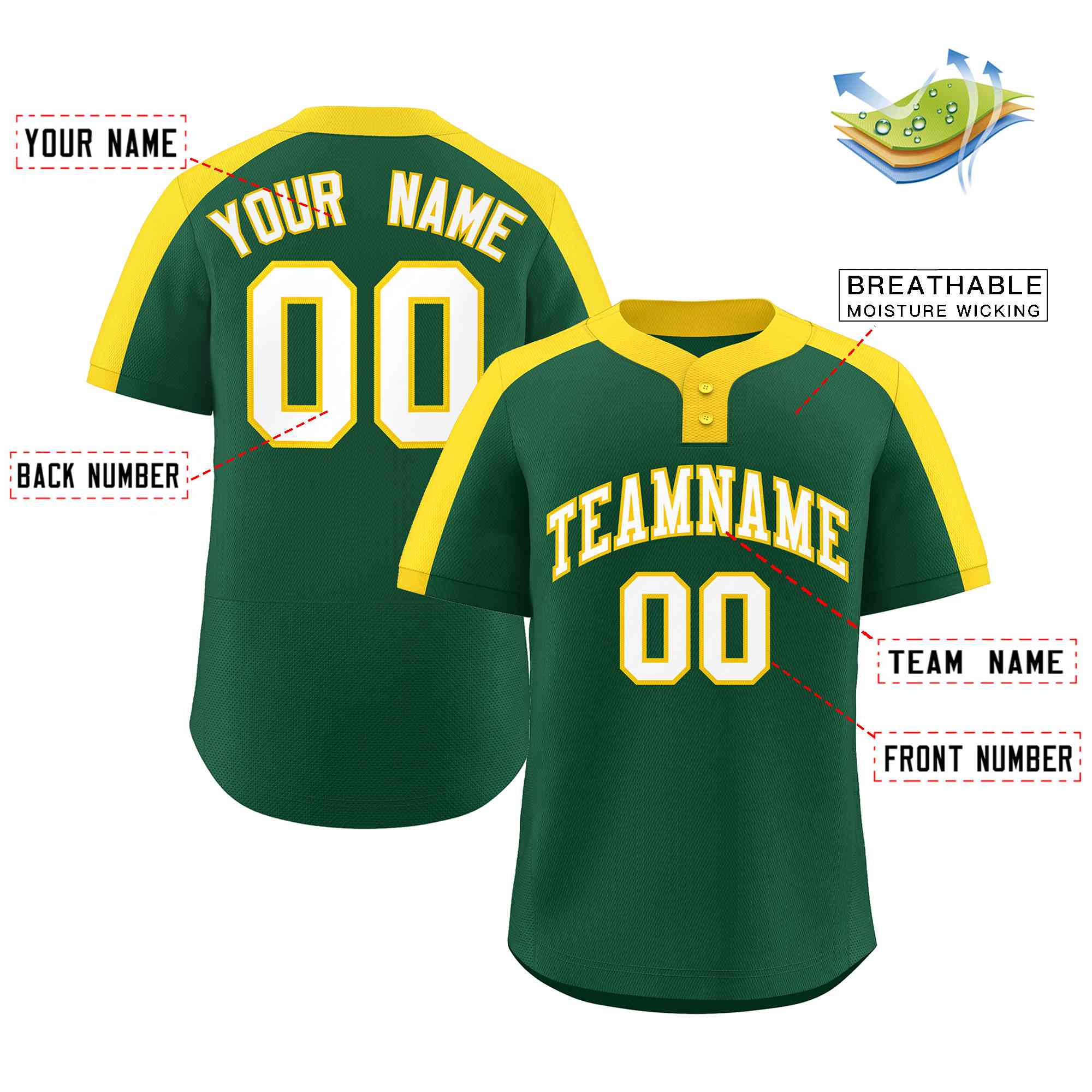 Custom Green White-Gold Classic Style Authentic Two-Button Baseball Jersey