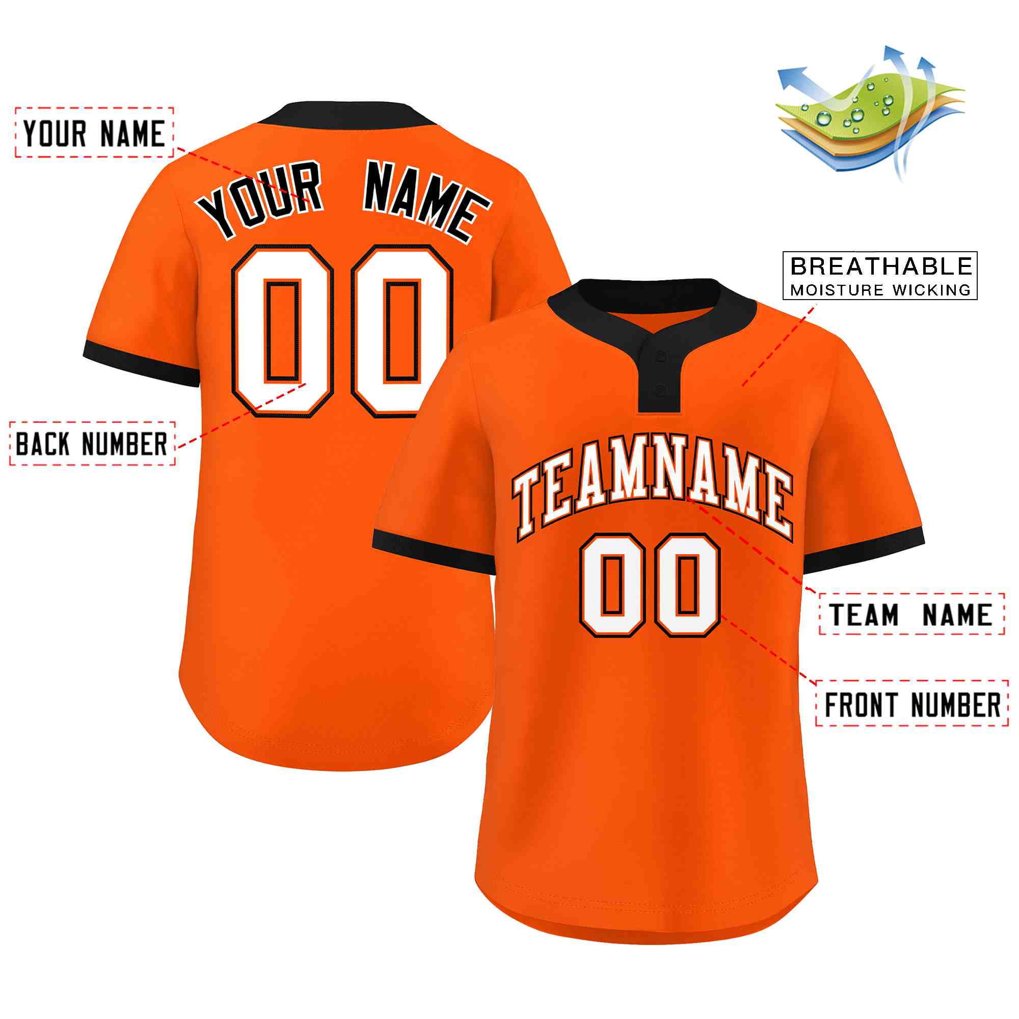 Custom Orange White-Black Classic Style Authentic Two-Button Baseball Jersey