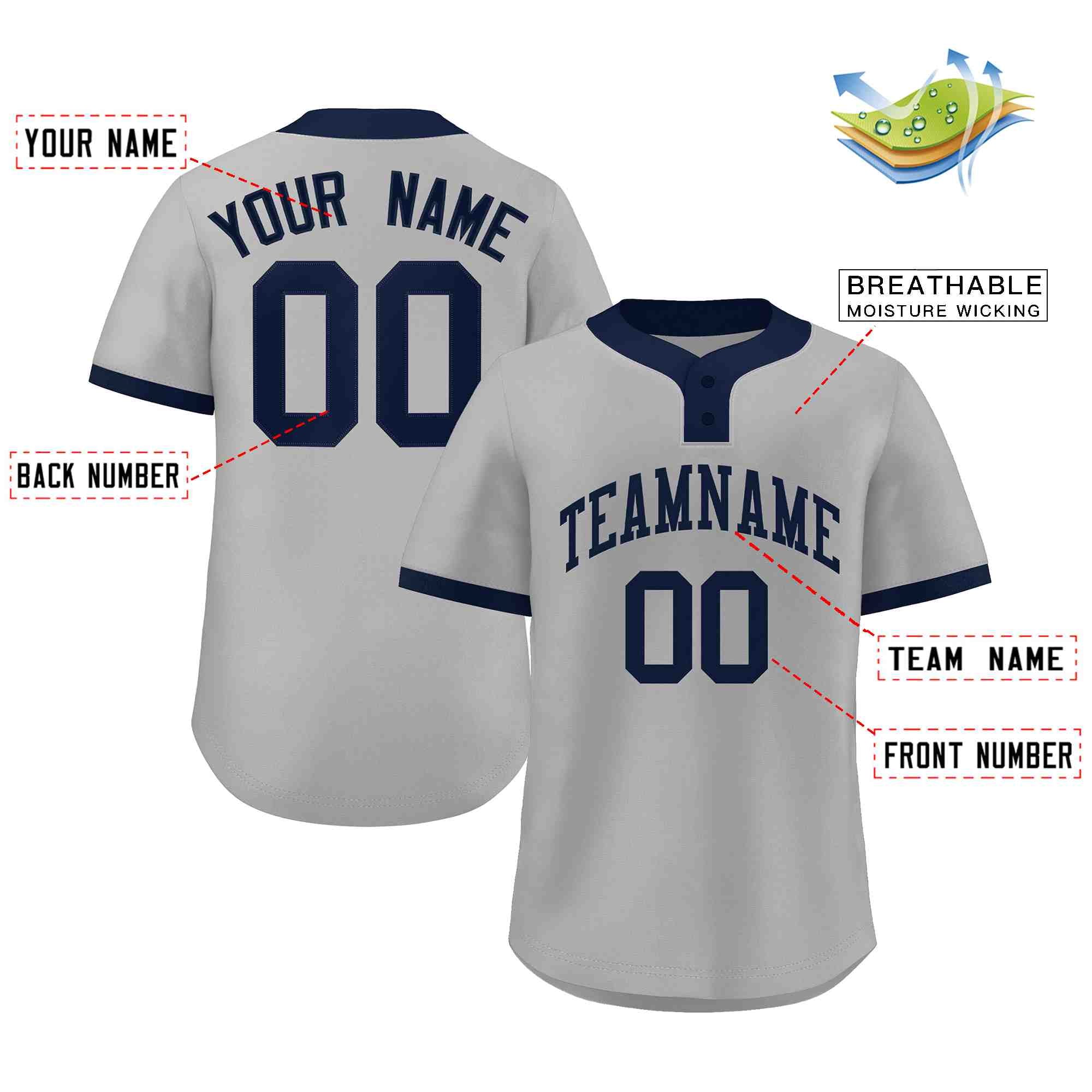 Maillot de baseball authentique à deux boutons de style classique gris marine personnalisé