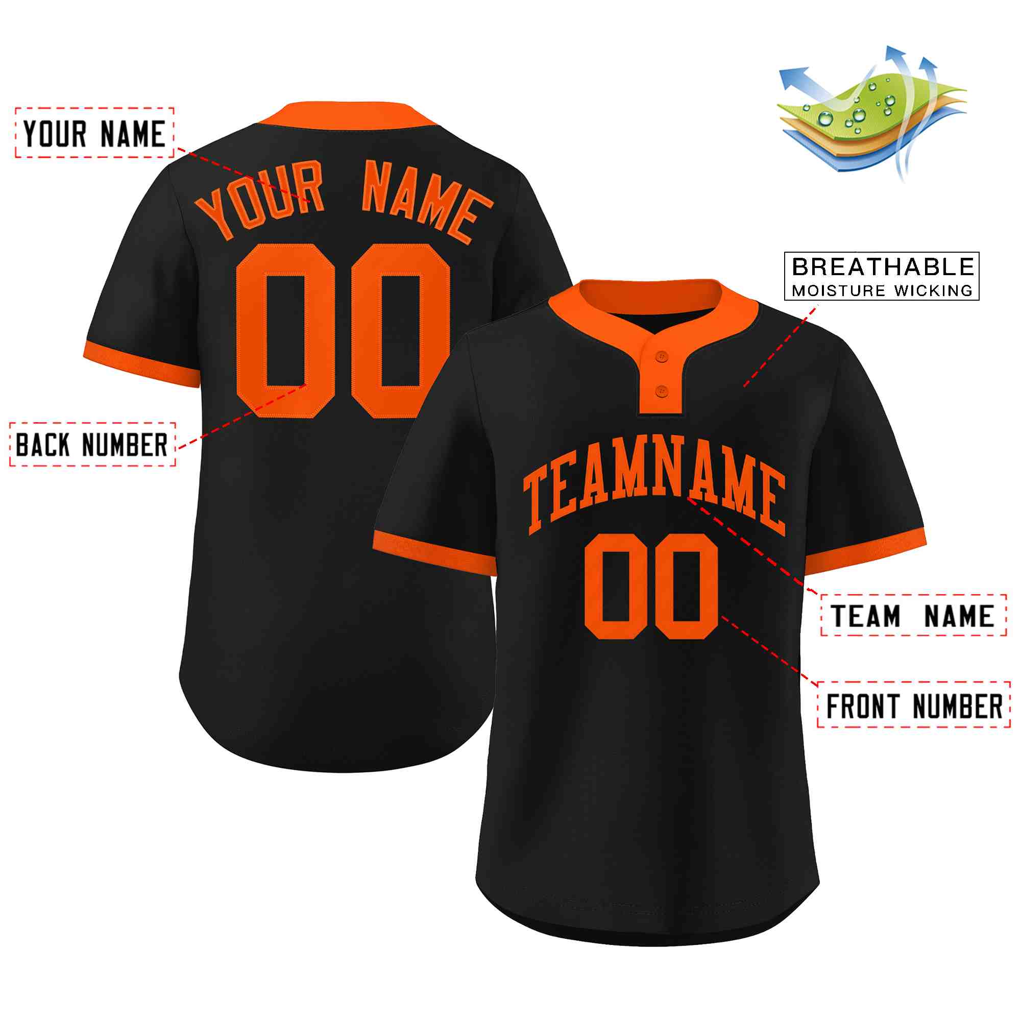 Custom Black Orange Classic Style Authentic Two-Button Baseball Jersey