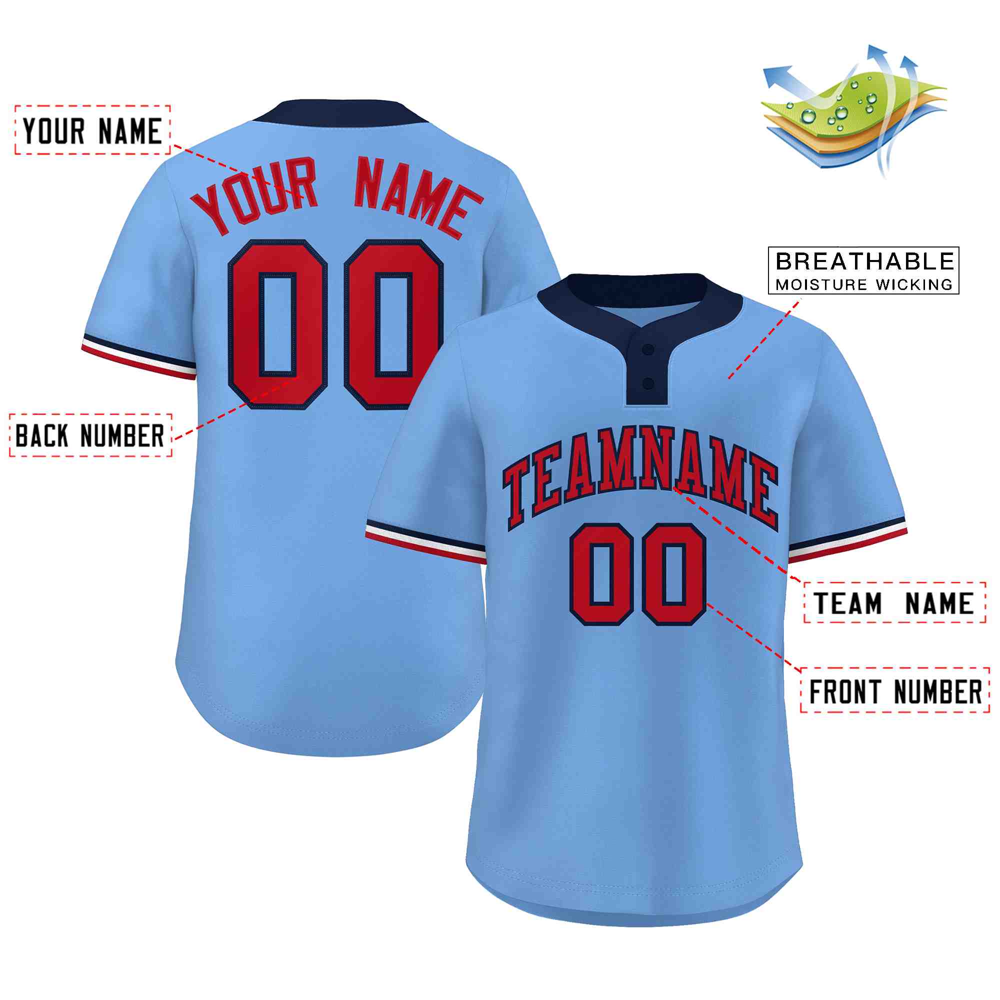 Custom Light Blue Red-Navy Classic Style Authentic Two-Button Baseball Jersey