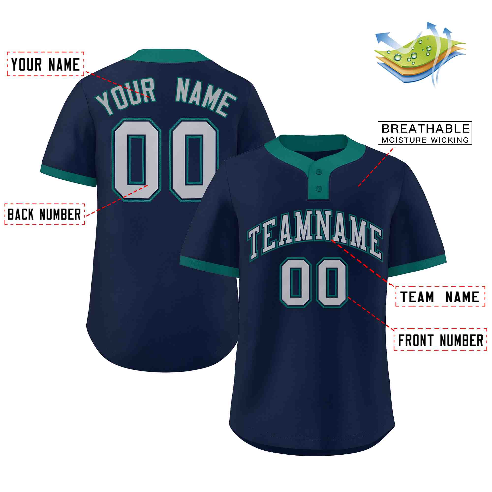 Maillot de baseball personnalisé à deux boutons, gris-aqua, style classique, personnalisé