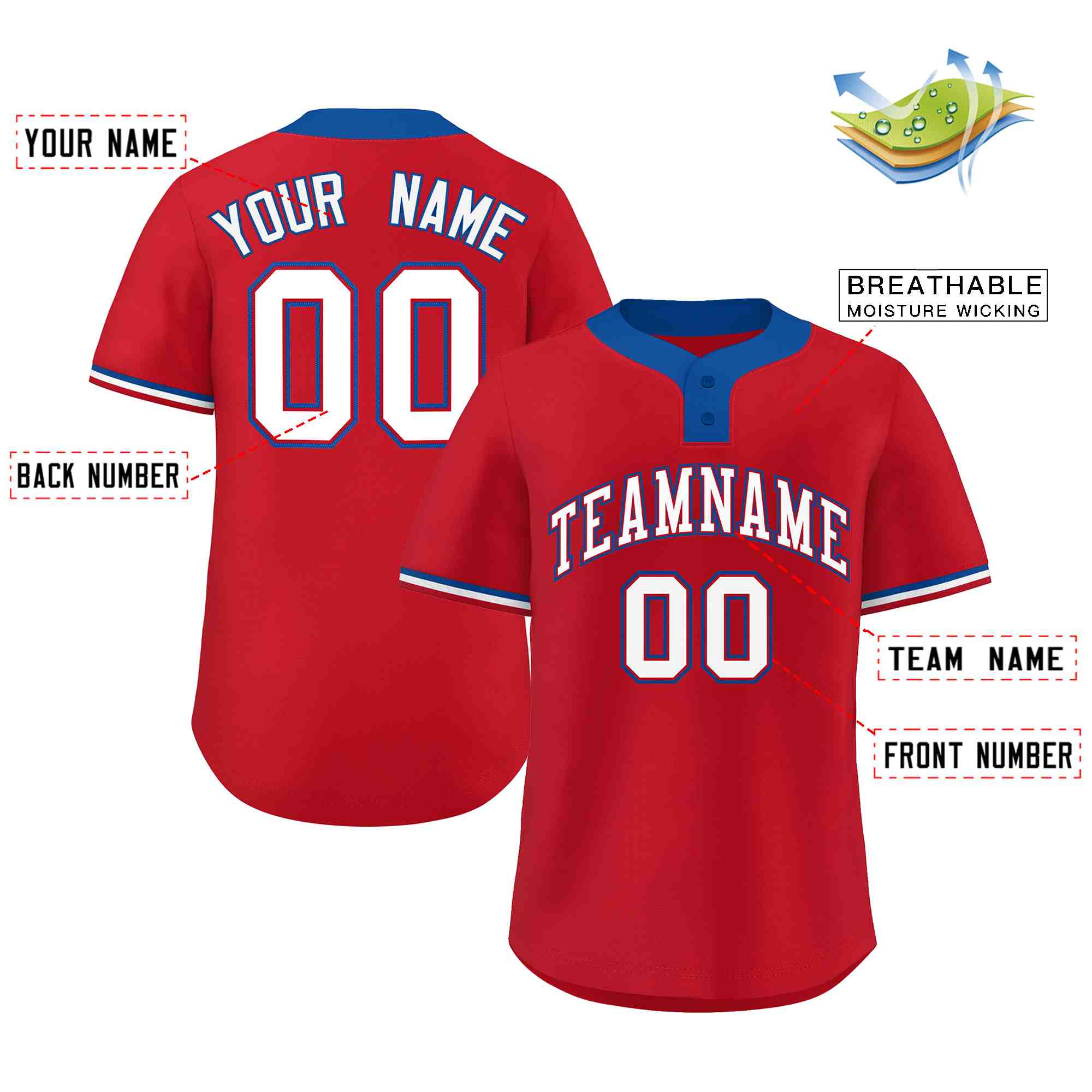 Custom Red White-Royal Classic Style Authentic Two-Button Baseball Jersey