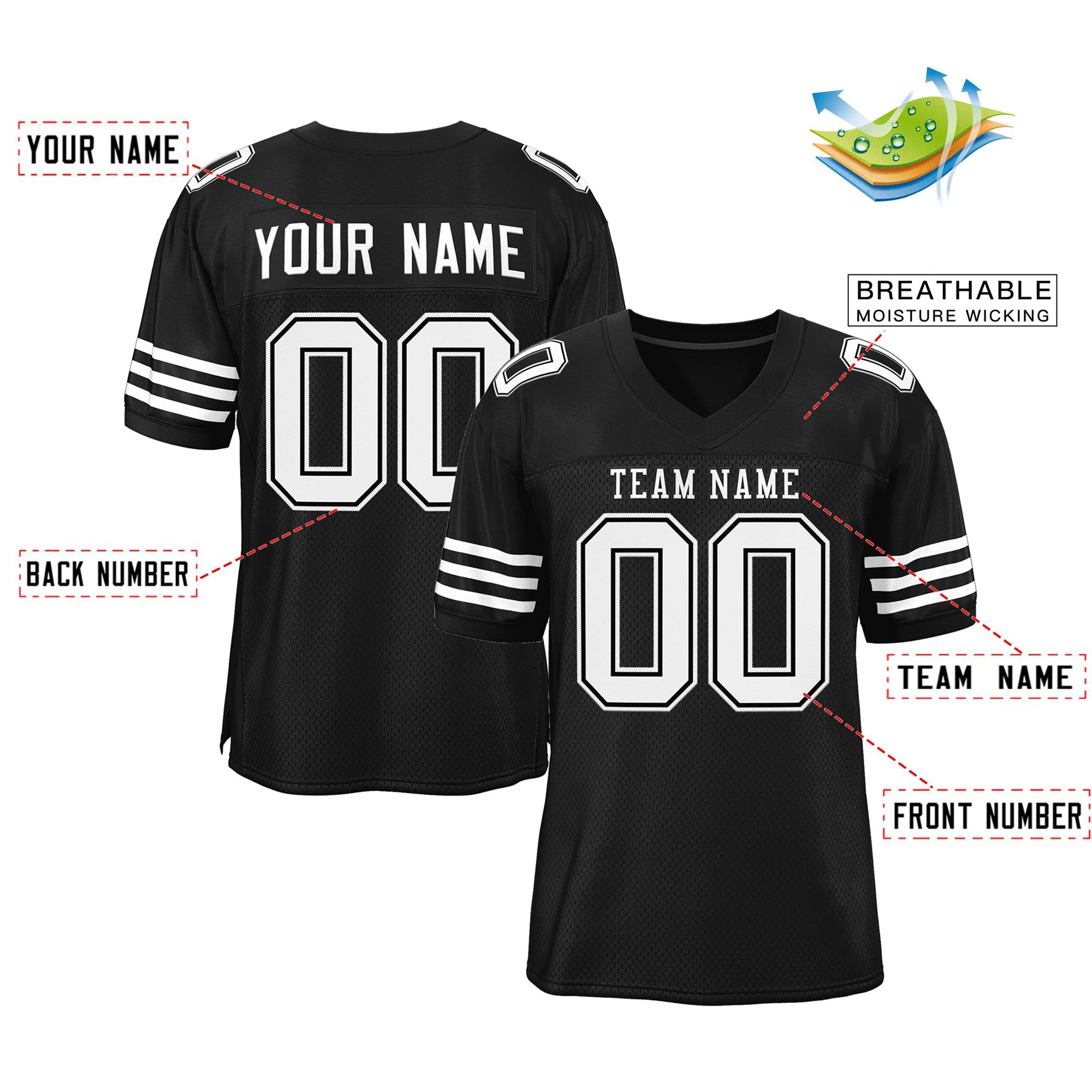 Custom Black White Classic Style Mesh Authentic Football Jersey