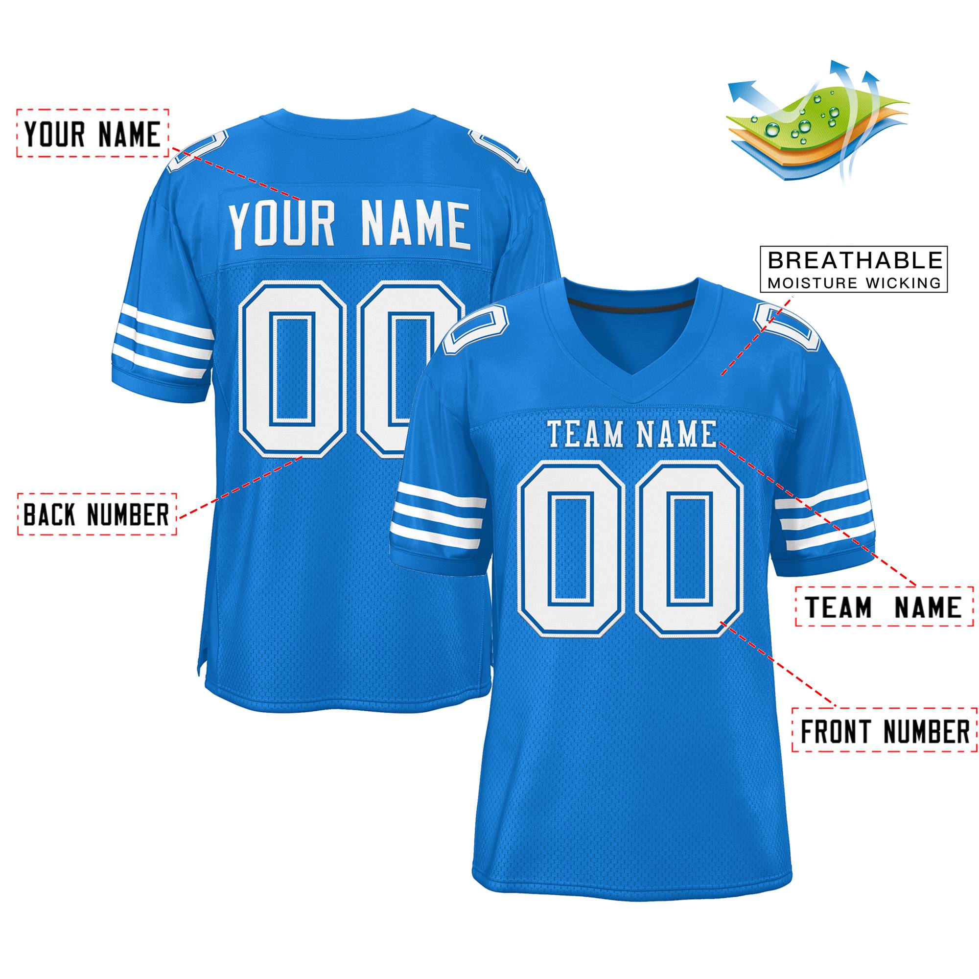 Custom Powder Blue White Classic Style Mesh Authentic Football Jersey