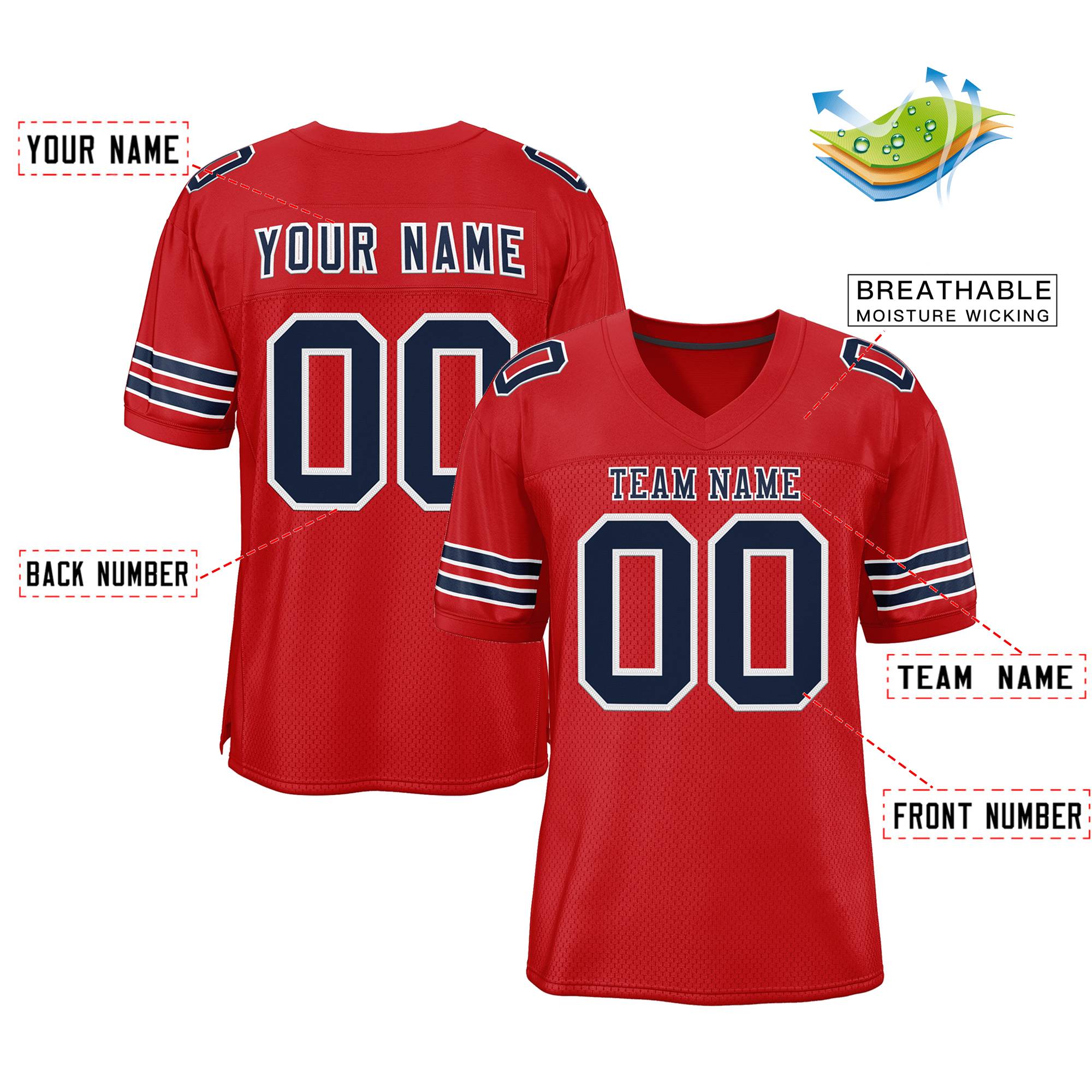 Custom Red Navy-White Classic Style Mesh Authentic Football Jersey