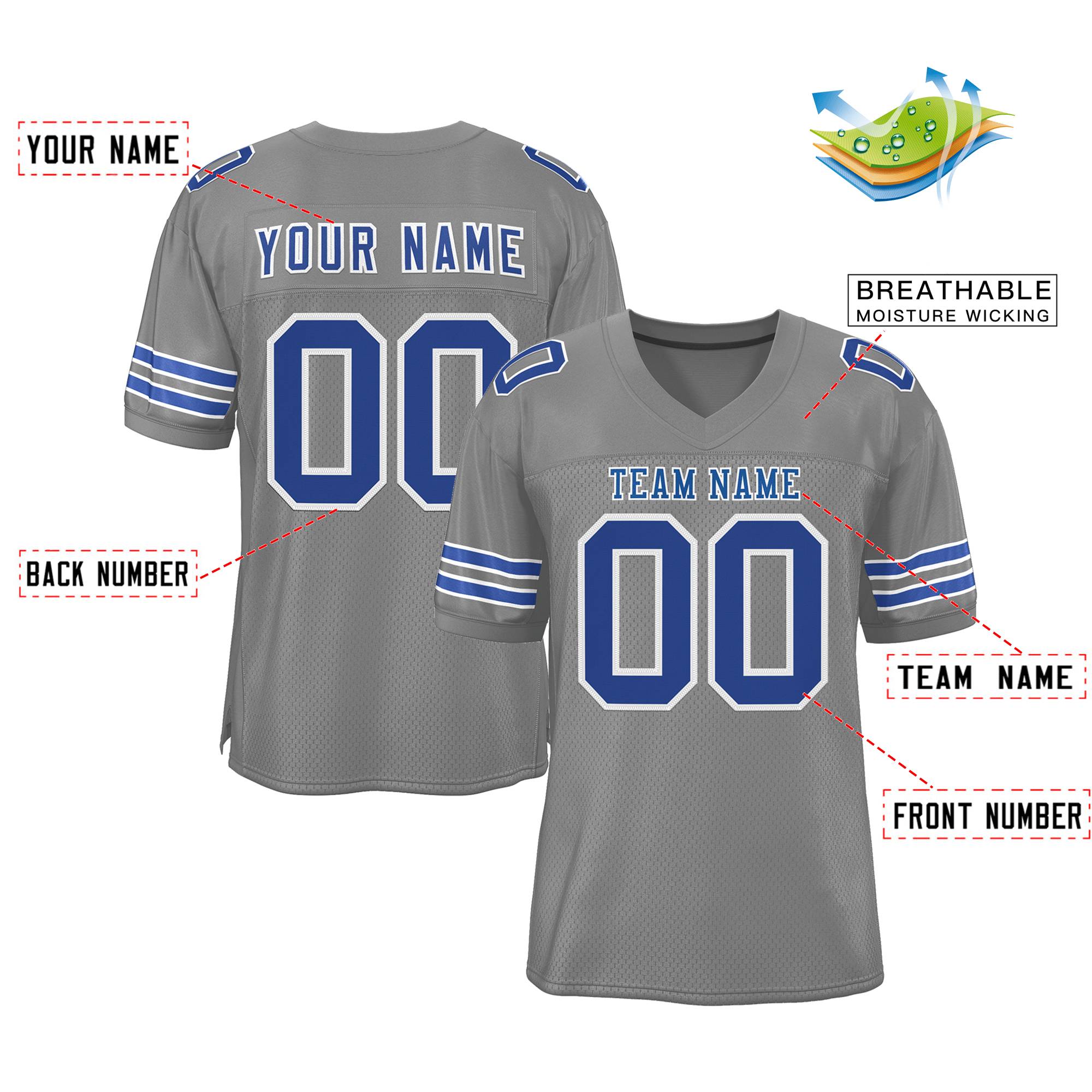 Custom Gray Royal-White Classic Style Mesh Authentic Football Jersey