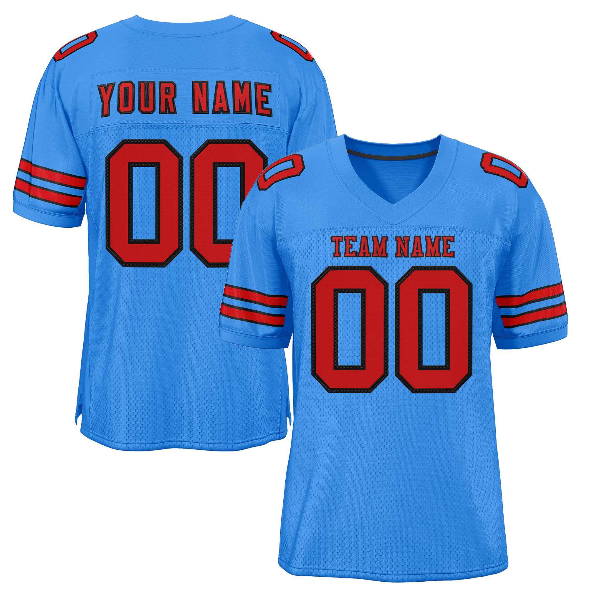 Custom Powder Blue Red-Black Classic Style Mesh Authentic Football Jersey