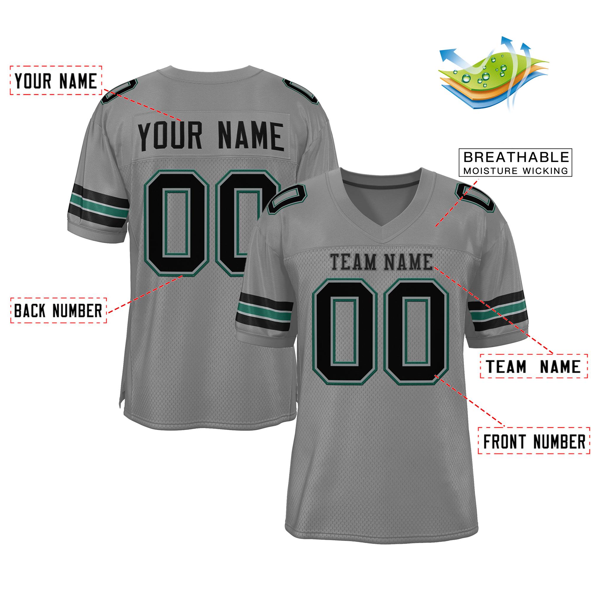 Custom Gray Black-Aqua Classic Style Mesh Authentic Football Jersey