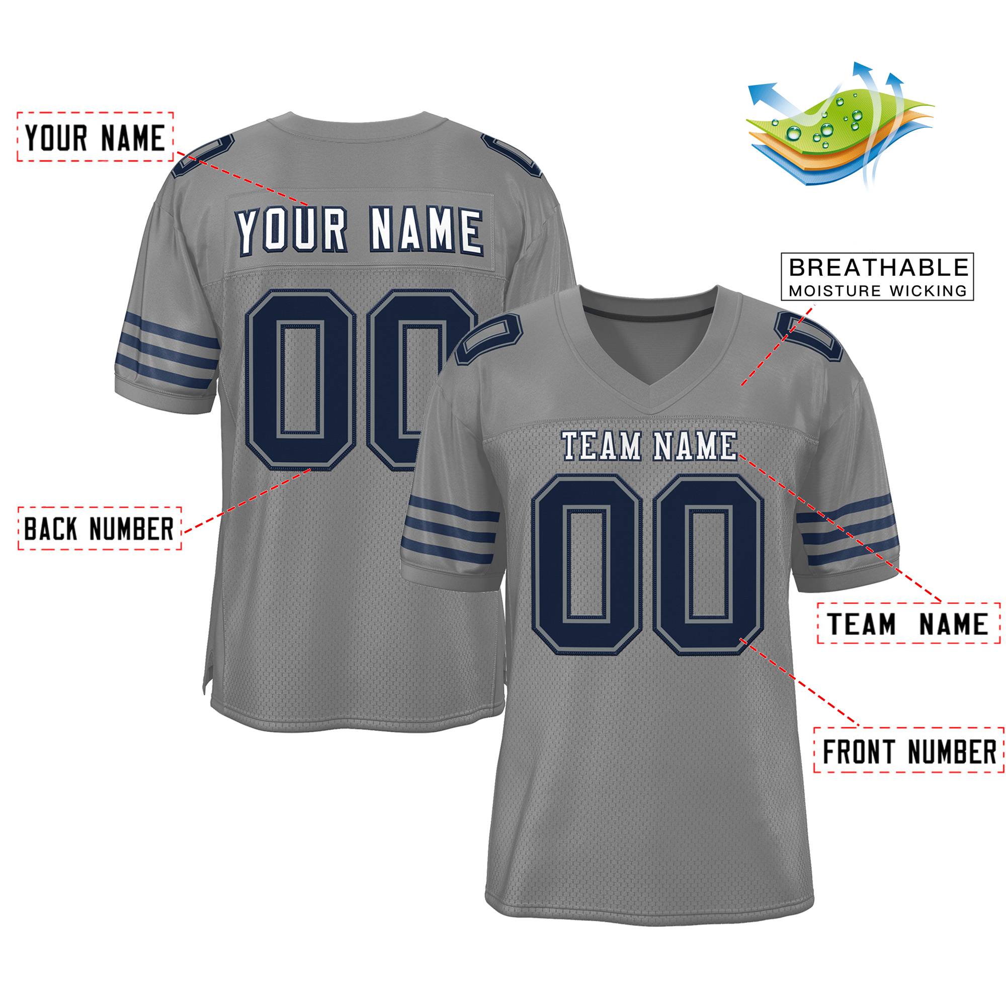 Custom Gray Navy Classic Style Mesh Authentic Football Jersey