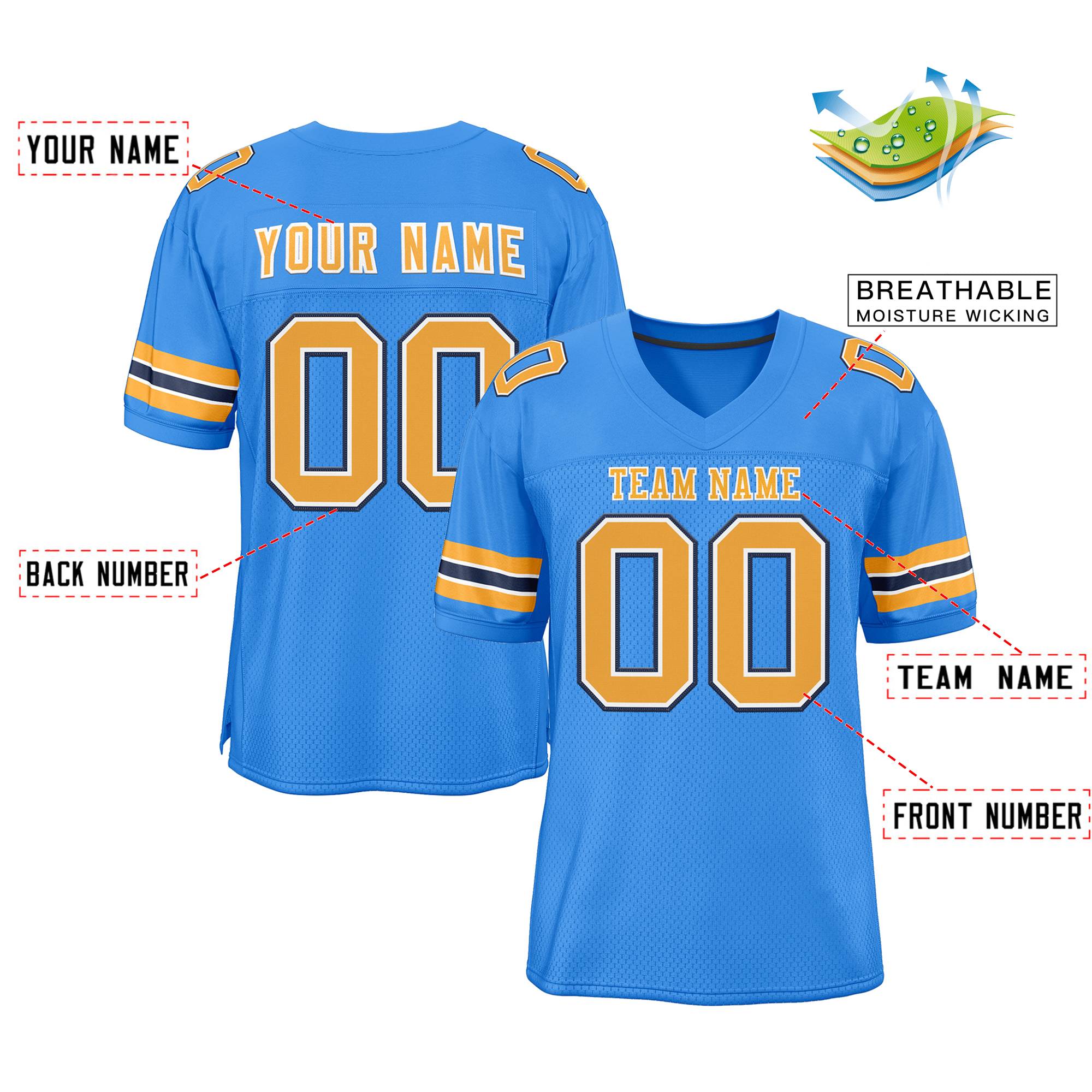 Custom Powder Blue Gold-Navy Classic Style Mesh Authentic Football Jersey