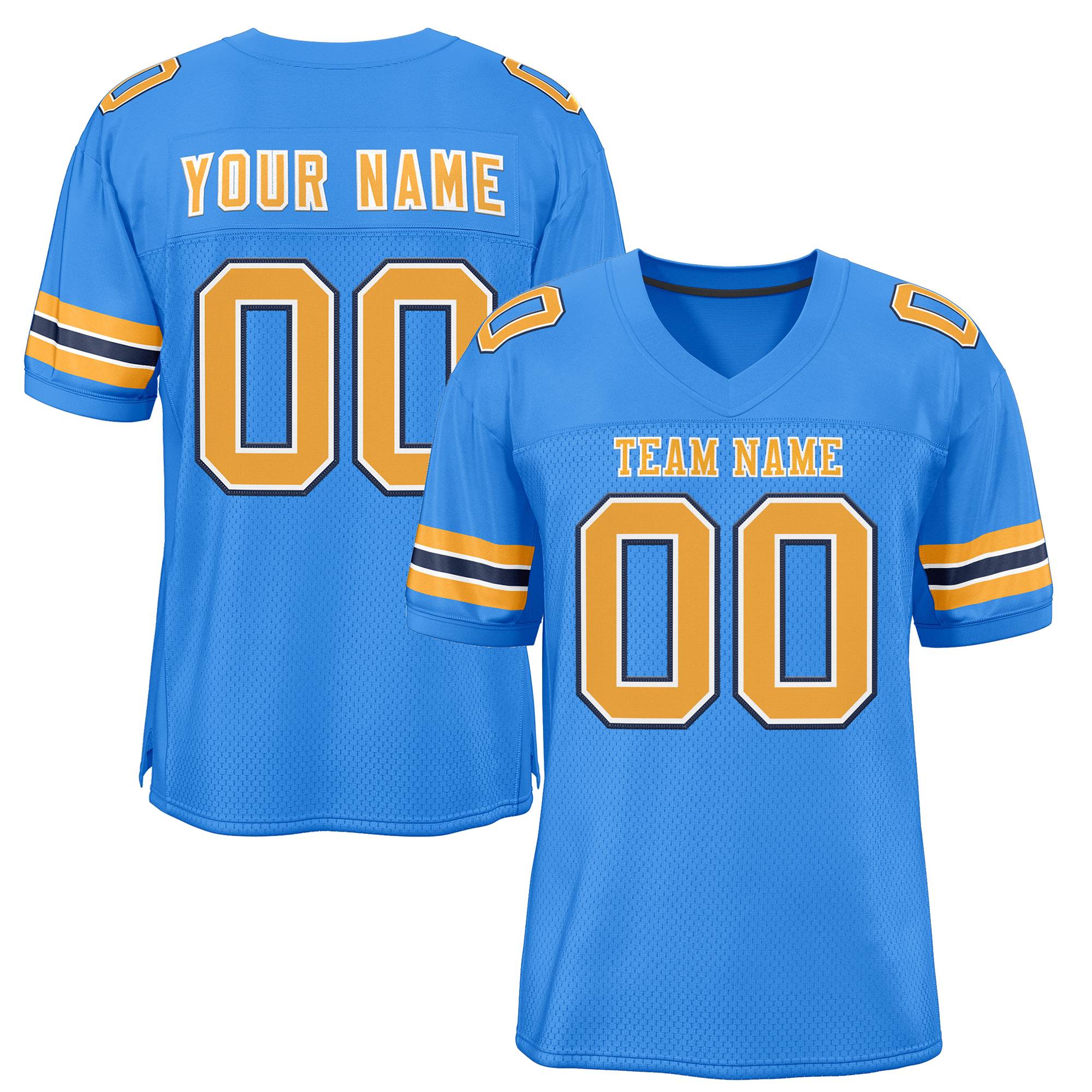 Custom Powder Blue Gold-Navy Classic Style Mesh Authentic Football Jersey