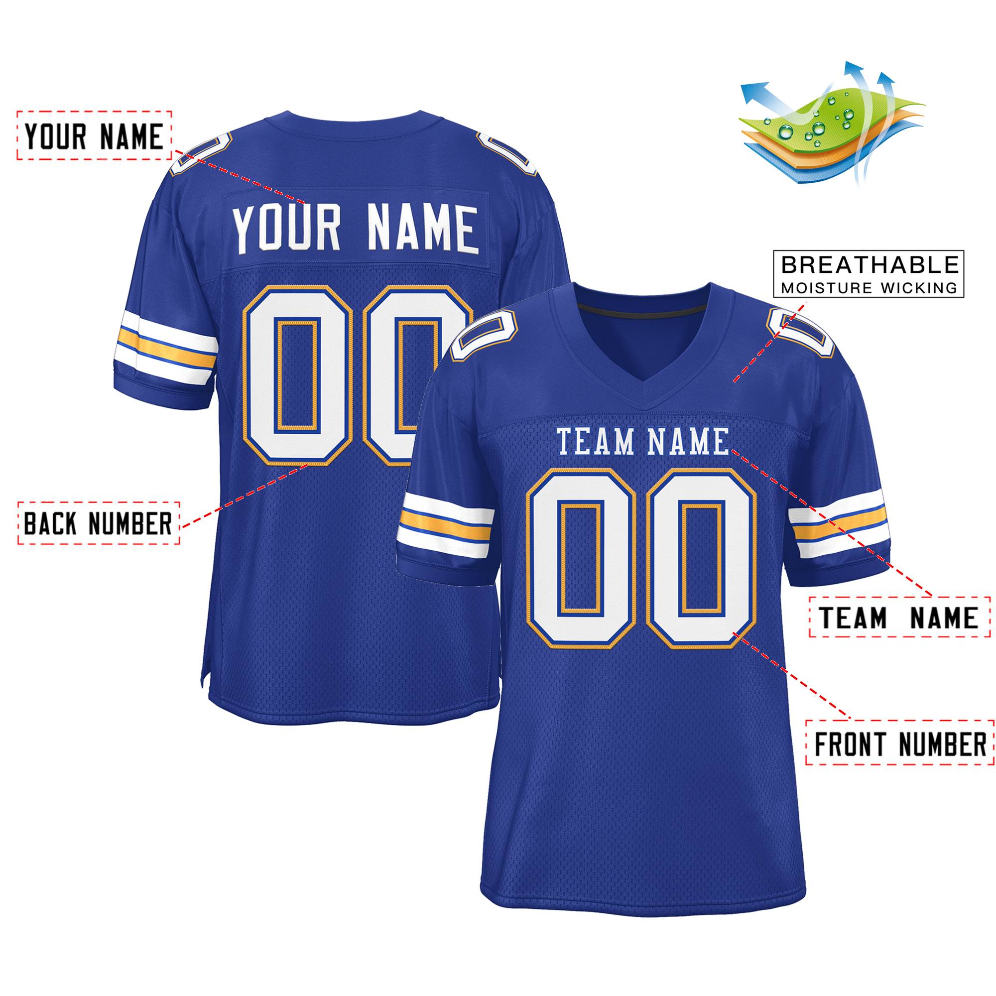 Custom Royal White-Gold Classic Style Mesh Authentic Football Jersey