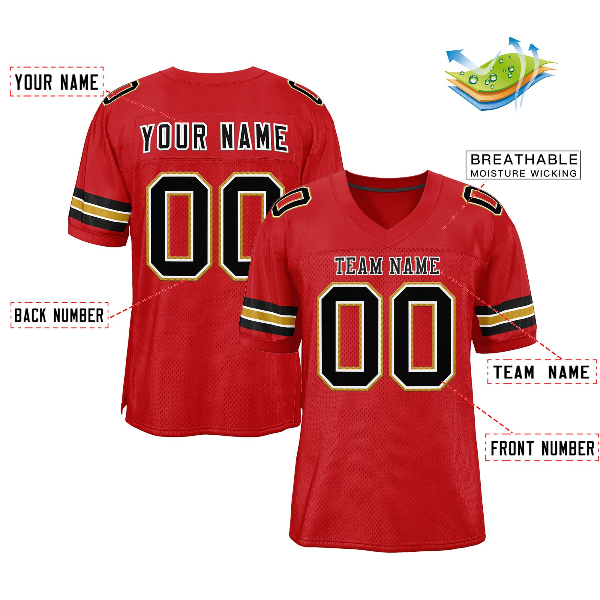 Custom Red Black-Old Gold Classic Style Mesh Authentic Football Jersey