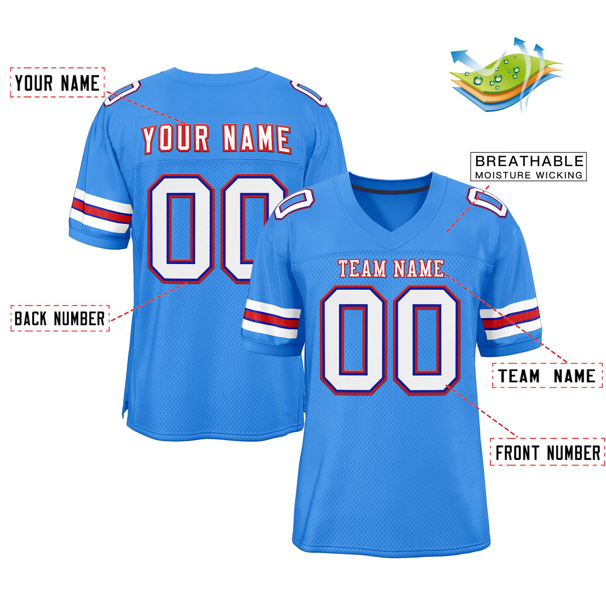 Custom Powder Blue White-Red Classic Style Mesh Authentic Football Jersey