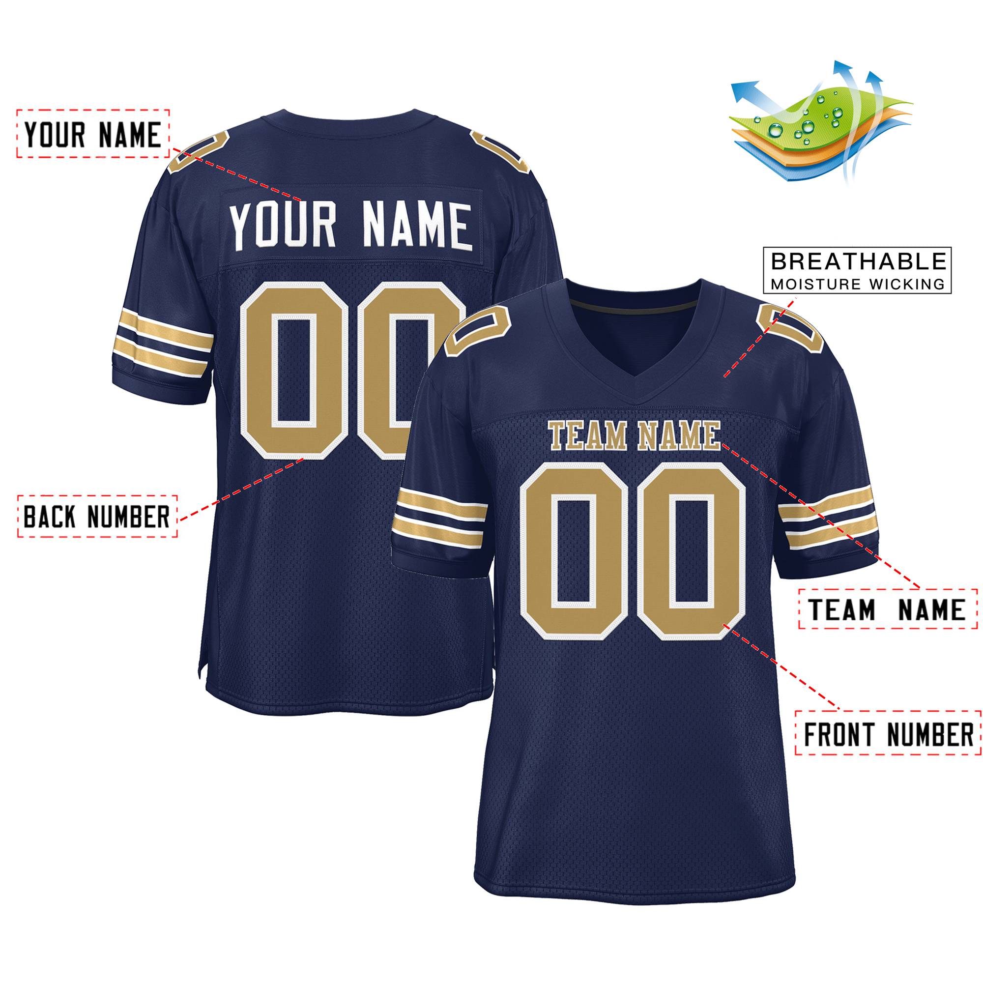 Custom Navy Blue Old Gold-White Classic Style Mesh Authentic Football Jersey