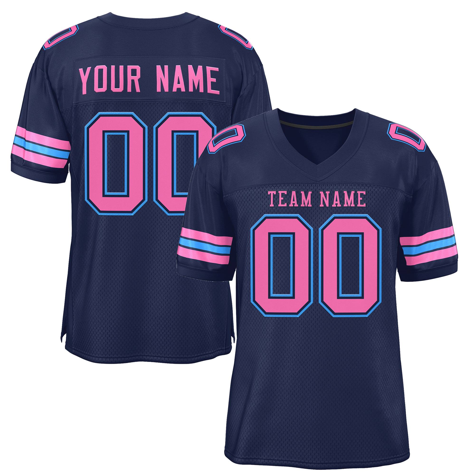 Custom Navy Blue Pink-Powder Blue Classic Style Mesh Authentic Football Jersey