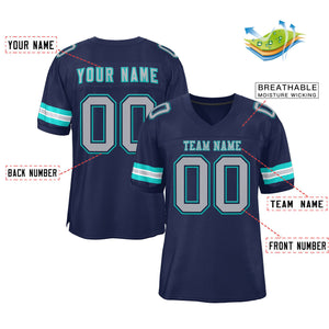 Custom Navy Blue Silver-Aqua Classic Style Mesh Authentic Football Jersey