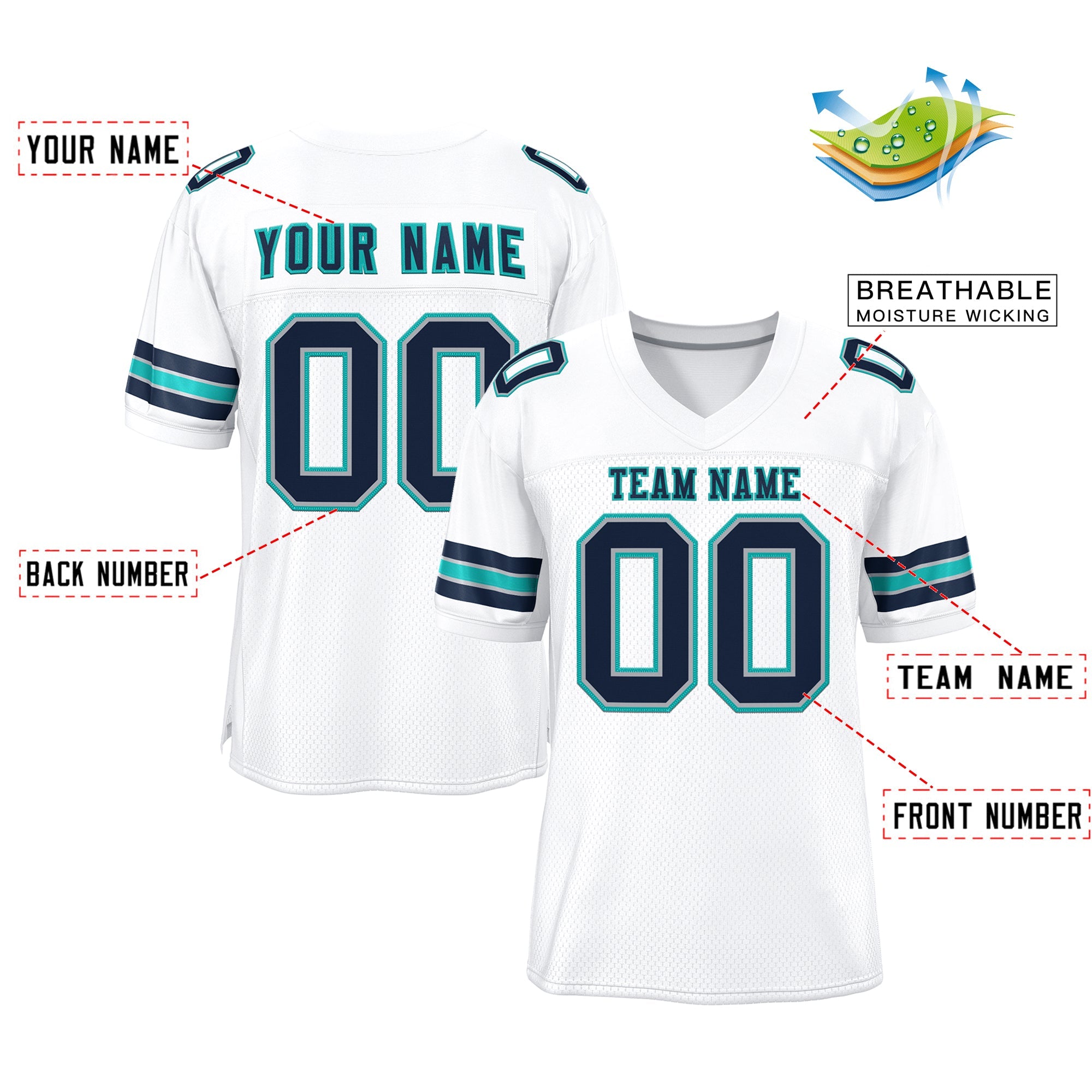 Custom White Navy-Aqua Classic Style Mesh Authentic Football Jersey