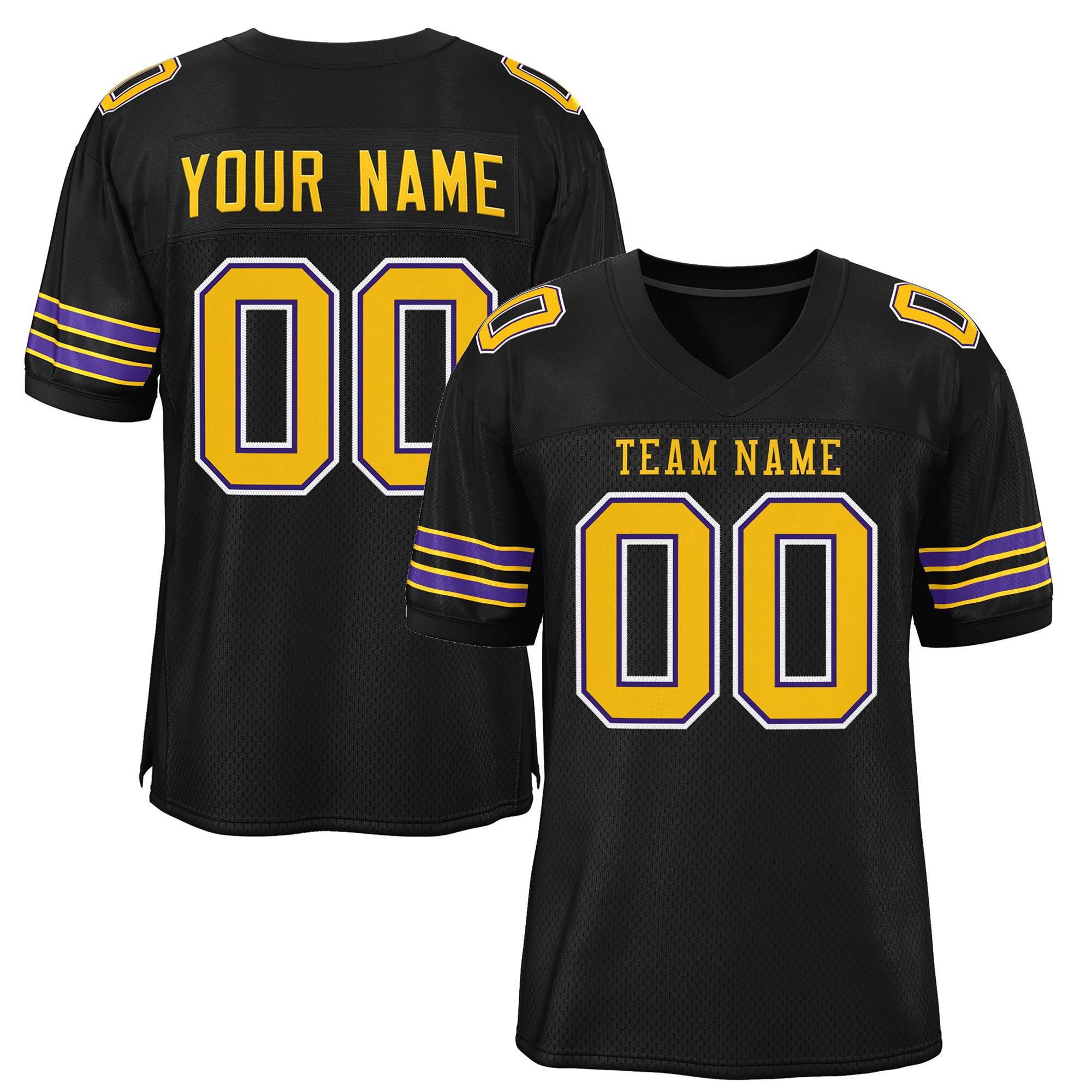 Custom Black Gold-White Classic Style Mesh Authentic Football Jersey