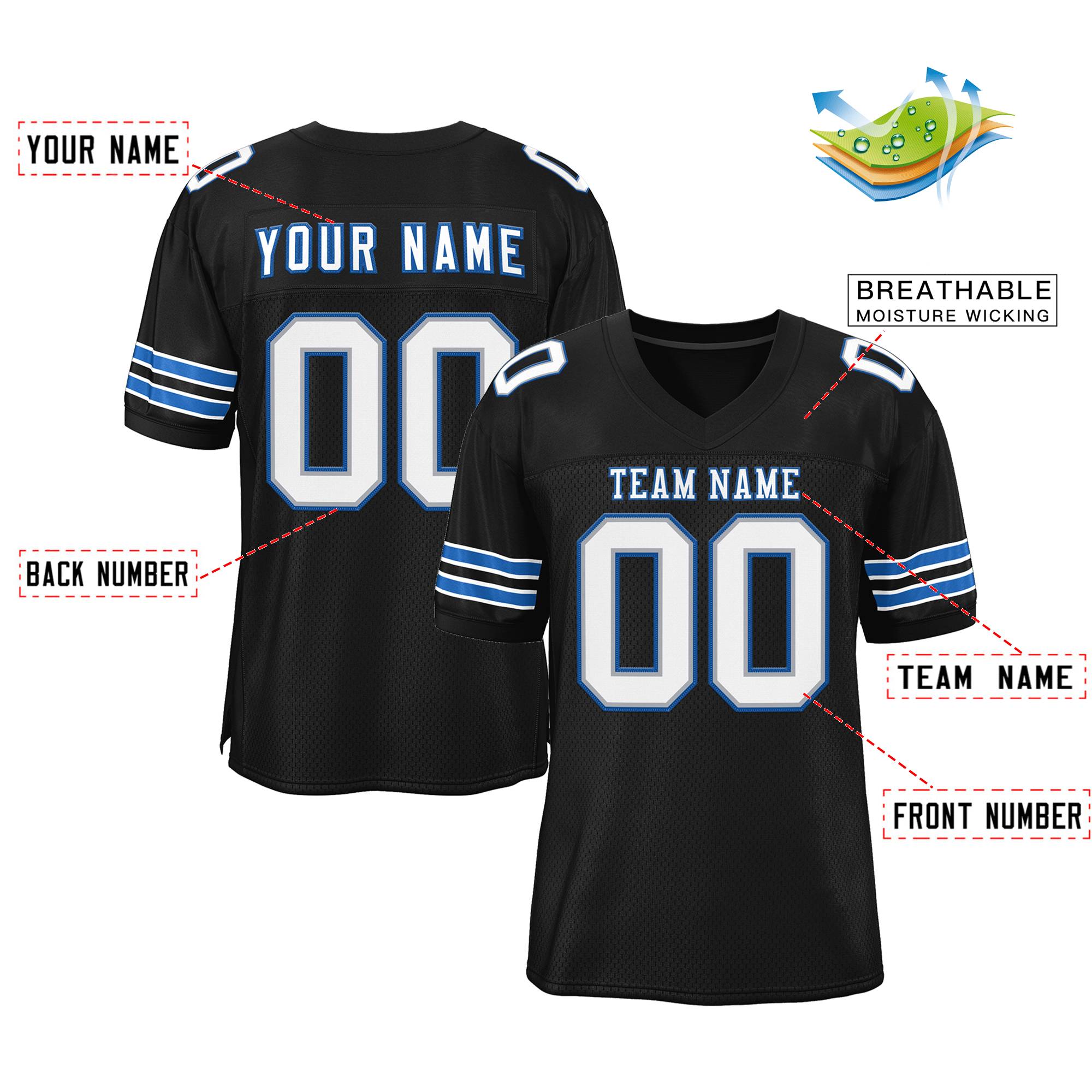 Custom Black White-Panther Blue Classic Style Mesh Authentic Football Jersey