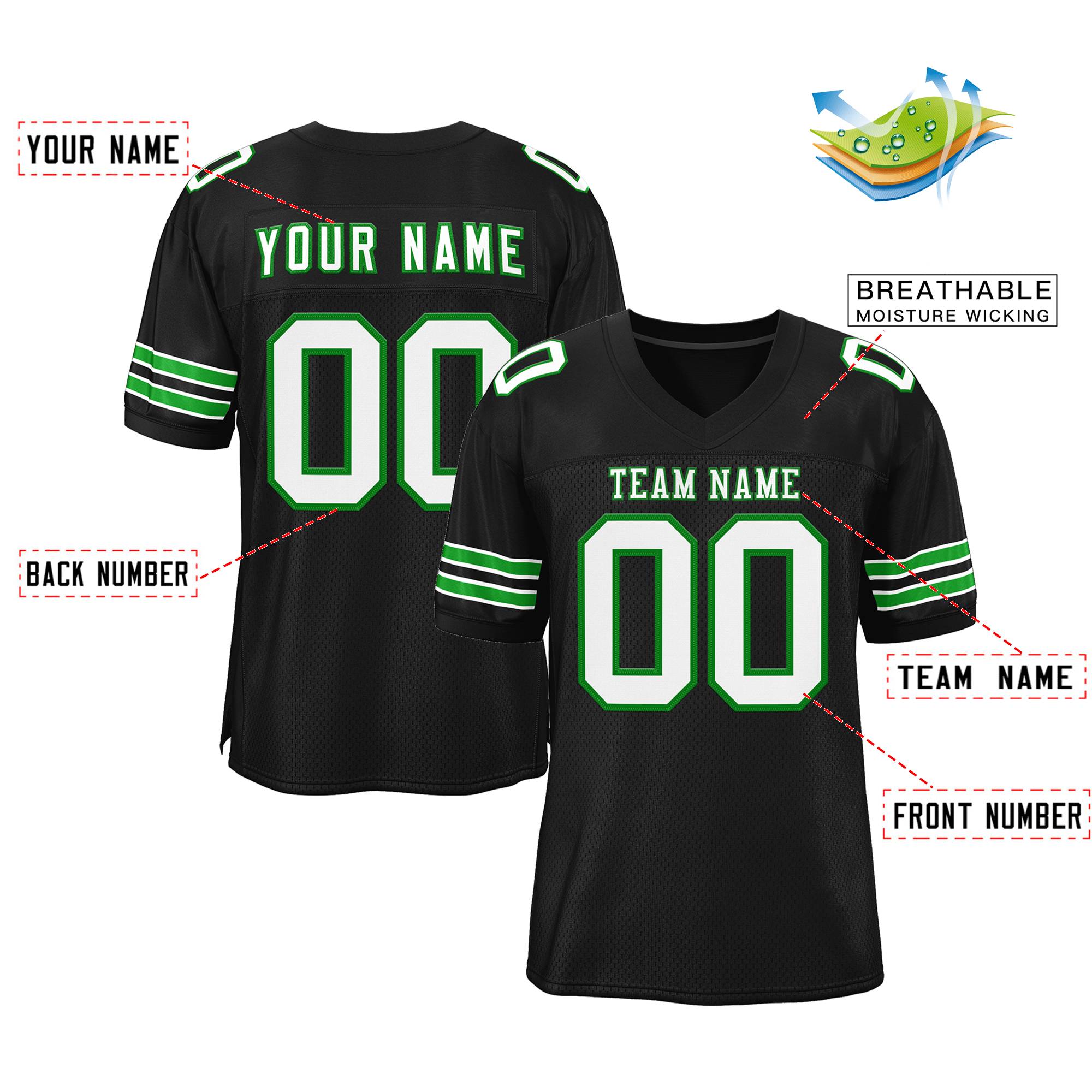 Custom Black White-Grass Green Classic Style Mesh Authentic Football Jersey