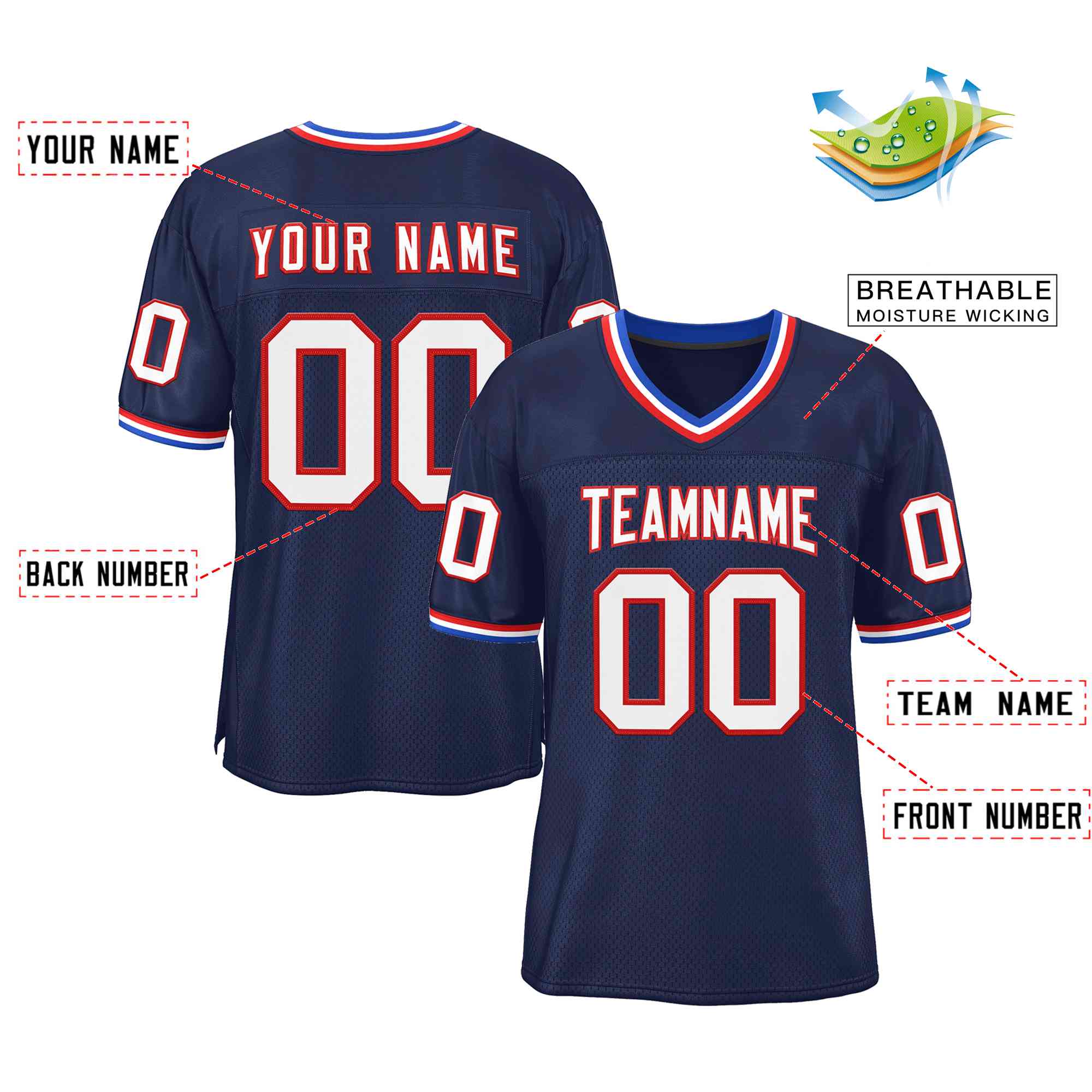 Custom Navy White-Red Classic Style Authentic Football Jersey