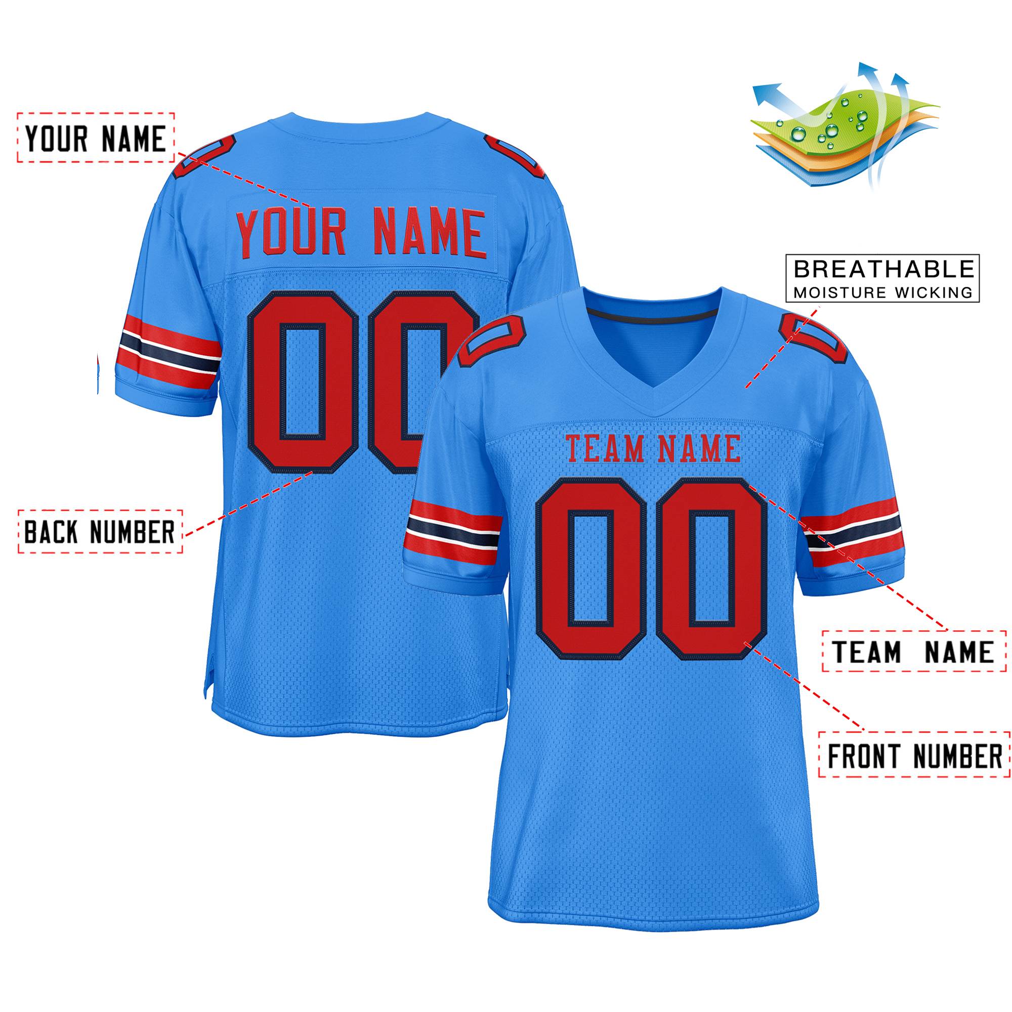 Custom Powder Blue-Red Powder Blue Classic Style Mesh Authentic Football Jersey