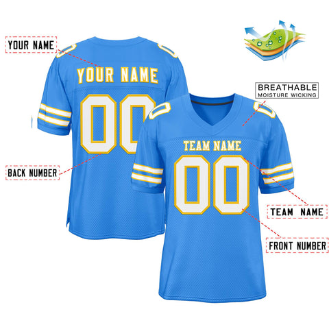 Custom Powder Blue-White Gold Classic Style Mesh Authentic Football Jersey