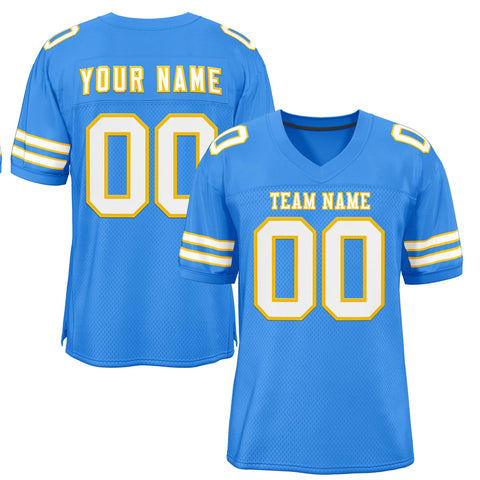 Custom Powder Blue-White Gold Classic Style Mesh Authentic Football Jersey