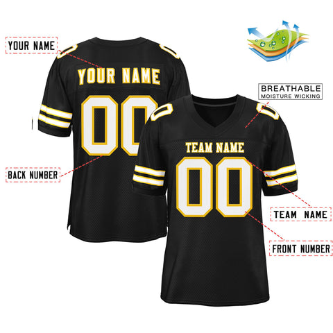 Custom Black White-Gold Classic Style Mesh Authentic Football Jersey